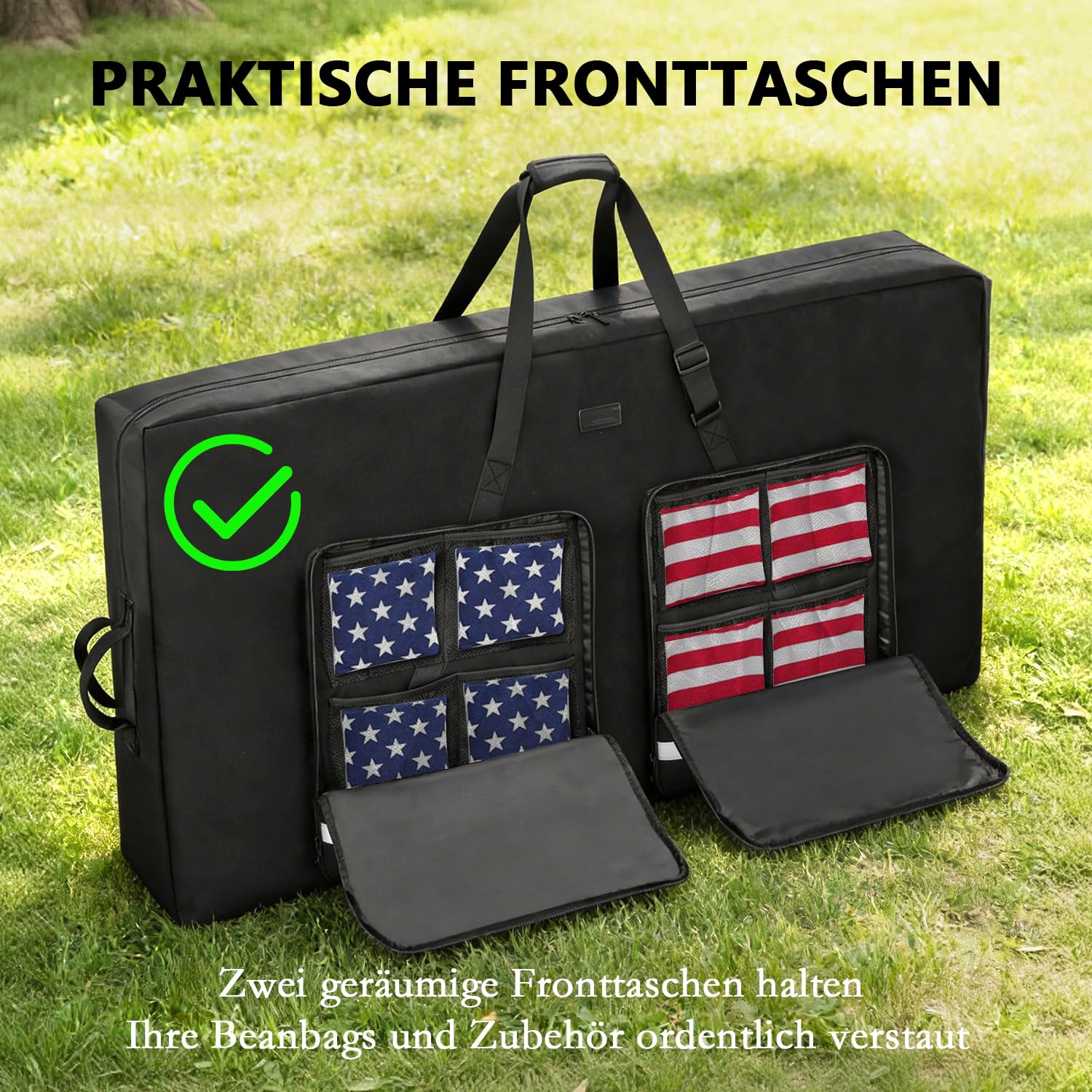 Cornhole-Tragetasche passend für reguläre 4' × 2' Boards, robuste 600D-Tragetasche mit gepolstertem Schultergurt, 2 zusätzliche Taschen für Cornhole-Wurfsäckchen und Zubehör, Schwarz (nur Tasche)