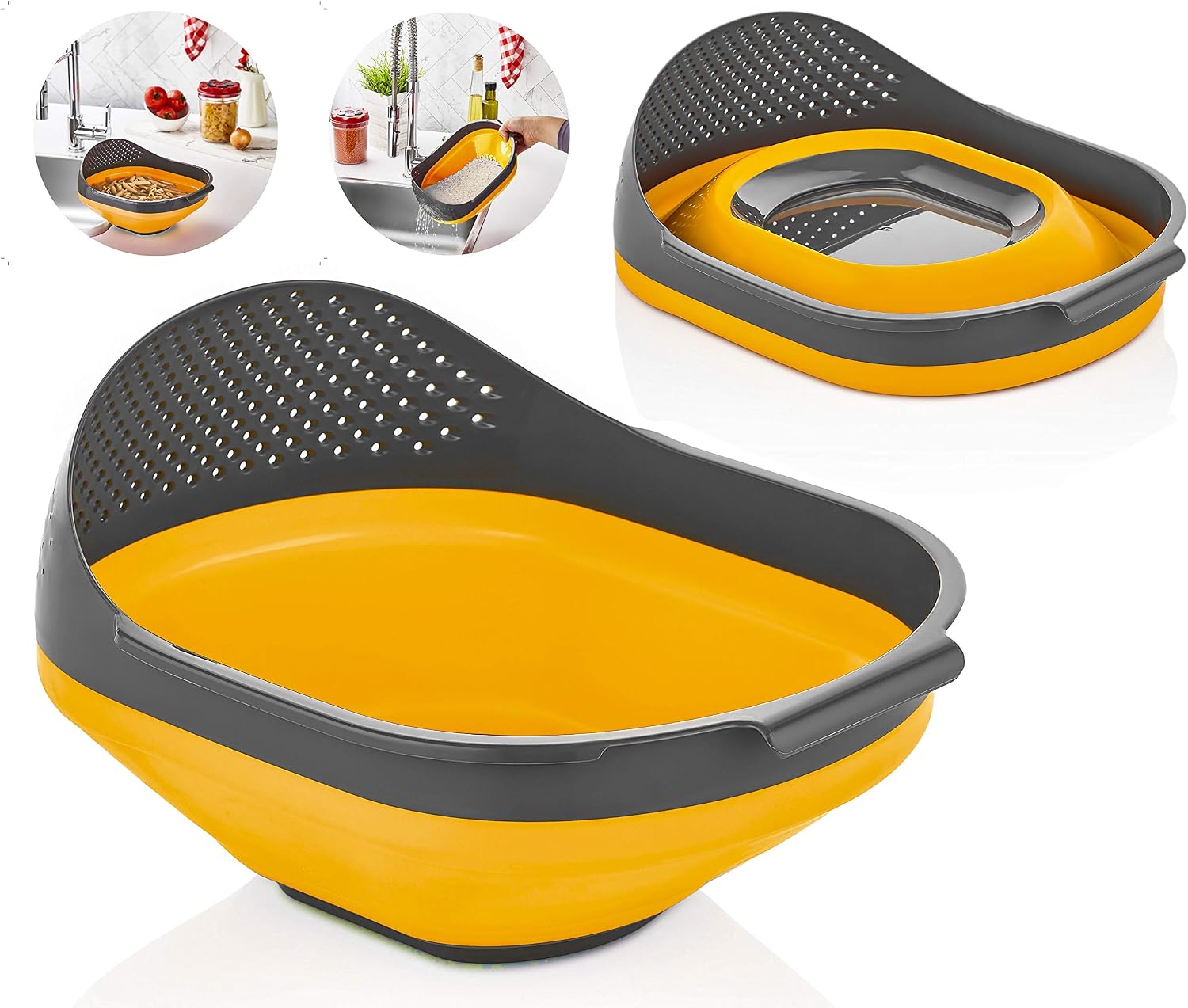 Qlux Ideas collapsible colander and Strainer -Silicone kitchen rice and pasta strainer-3 liter capacity-Fruit Vegetable and food rinse bowl Basket-BPA free-Dishwasher safe