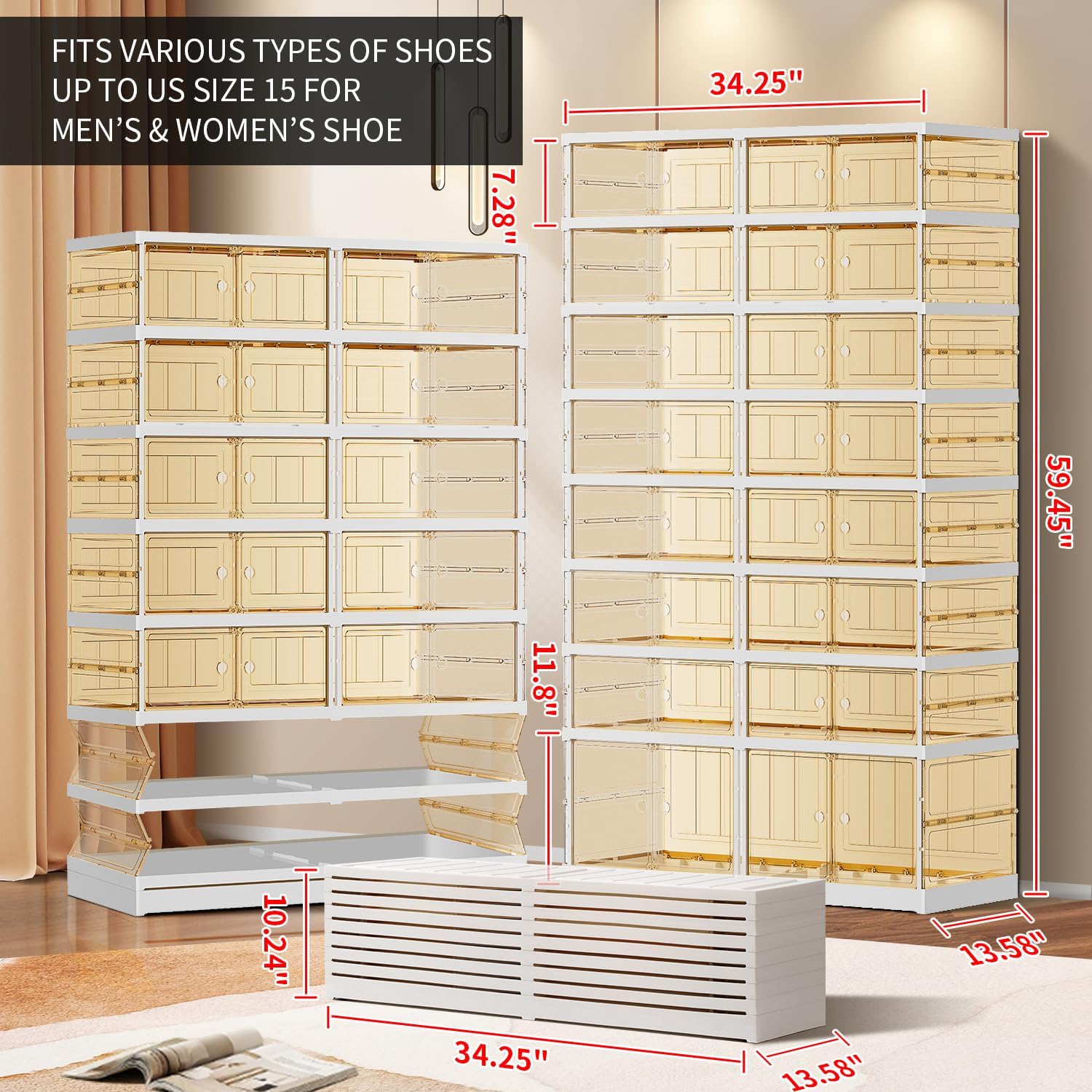 EHAMILY 8 Tiers 16-32 Pairs Foldable Shoe Rack for Closet Plastic Stackable Shoe Boxes for Garage Collapsible Shoes Shelf with Doors Storage Organizer Cabinet Quick Assembly,Brown