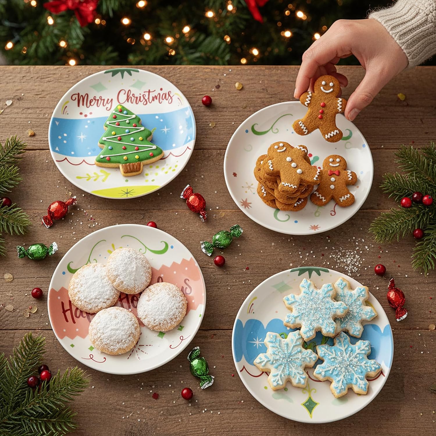 Set of 4 Assorted Hand Painted Christmas Themed Festive Ceramic 6" Plates