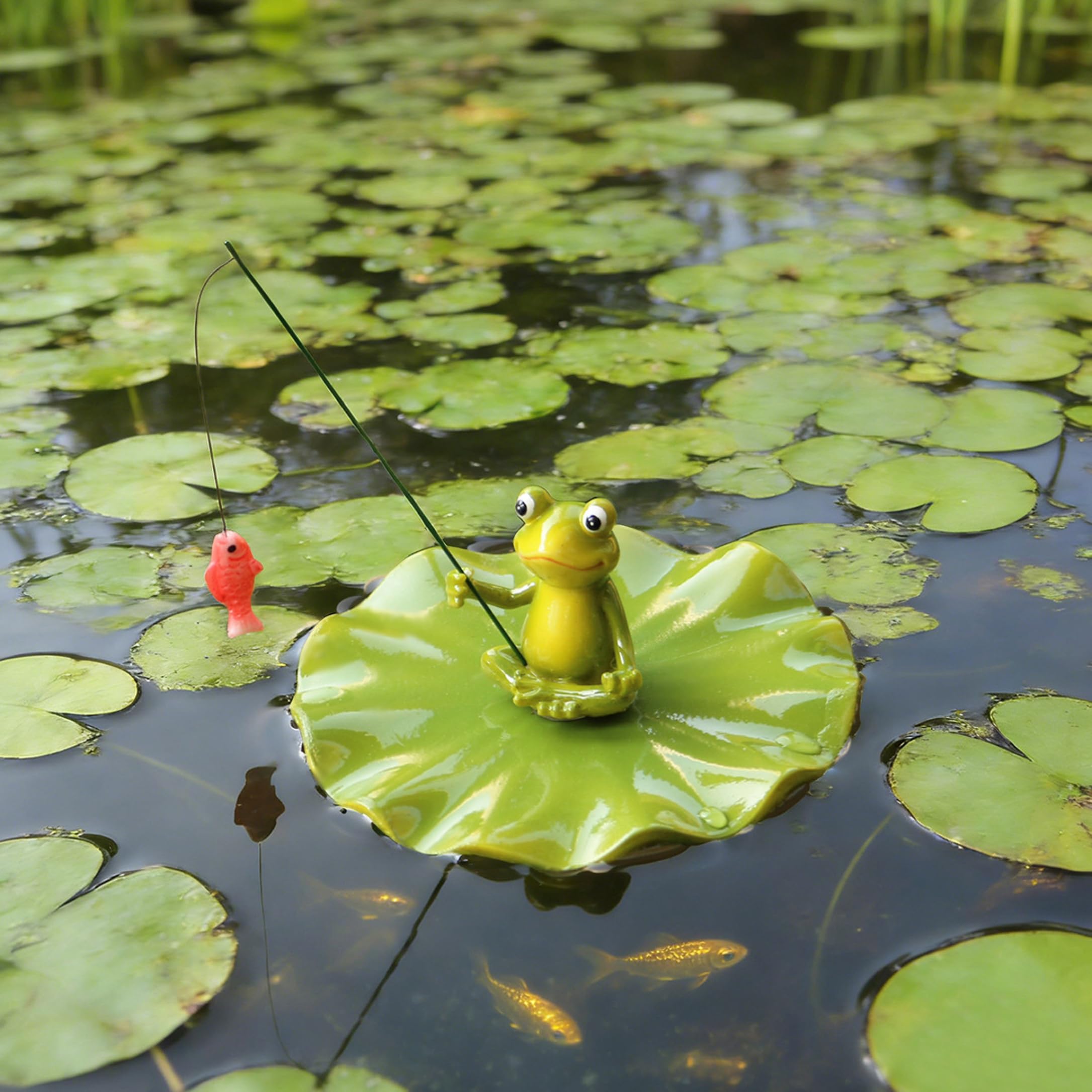 Faticenic Floating Pond Decor Frog Statue - Cute Fishing Frog Statue On Lotus Leaf, Outdoor Pond Accessories, Green, 4.65x4.49x4.33 inch
