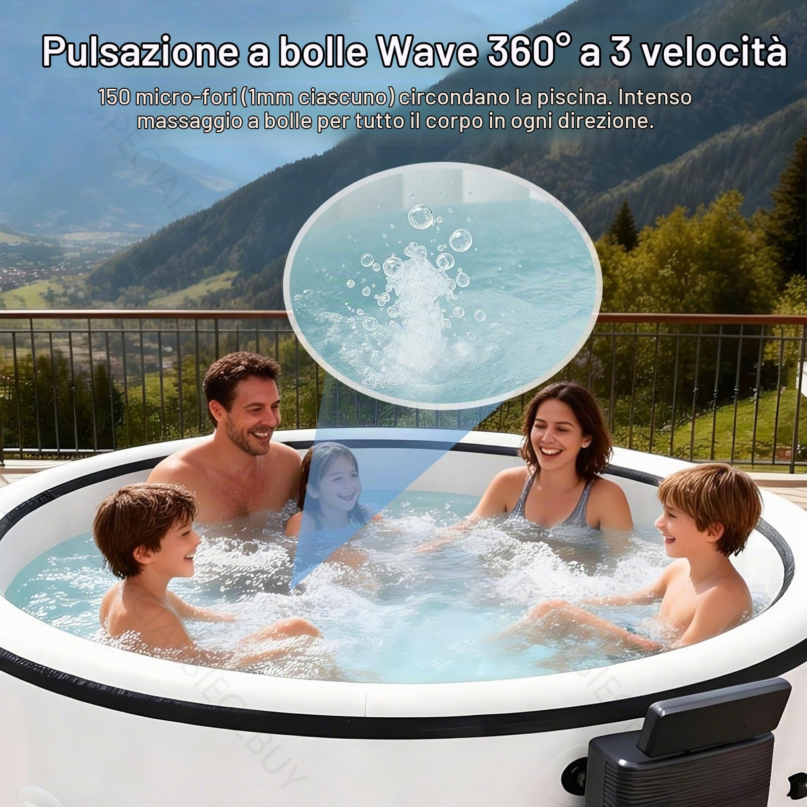 4-6 posti Whirlpool Spa Bubble Massage Bicolore Bianco-Nero - Formato Rotondo massaggianti, Riscaldamento integrato, Copertura Isolante, Volume1722l, Ø206 x H71 cm，6 Effetti Luminosi, Max 40°C