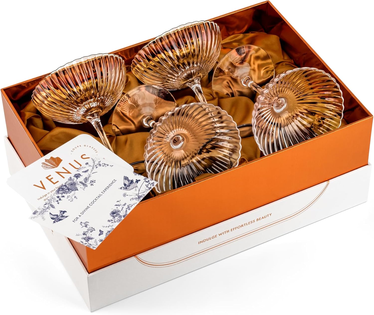 Venus Seashell Coupe Cocktail Glasses | Set of 4 | 8 oz Crystal Ribbed Champagne Saucers for Drinking P-Star and Espresso Martini, Margarita, Daiquiri, Cosmopolitan, Gimlet | Elegant Gift Glassware