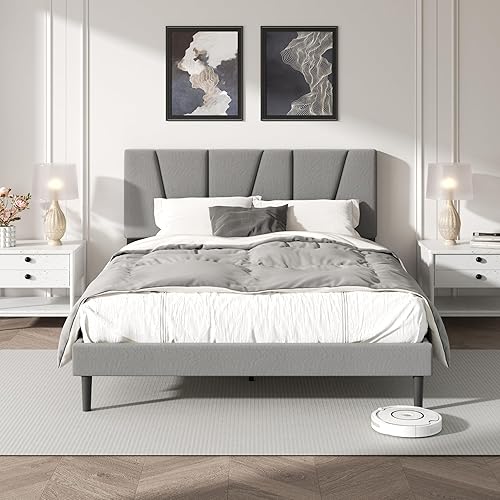 Miniatura 10 de Base de cama tamaño King con cabecera tapizada de tela, cama plataforma con soporte de listones de madera, base de colchón completa, somier