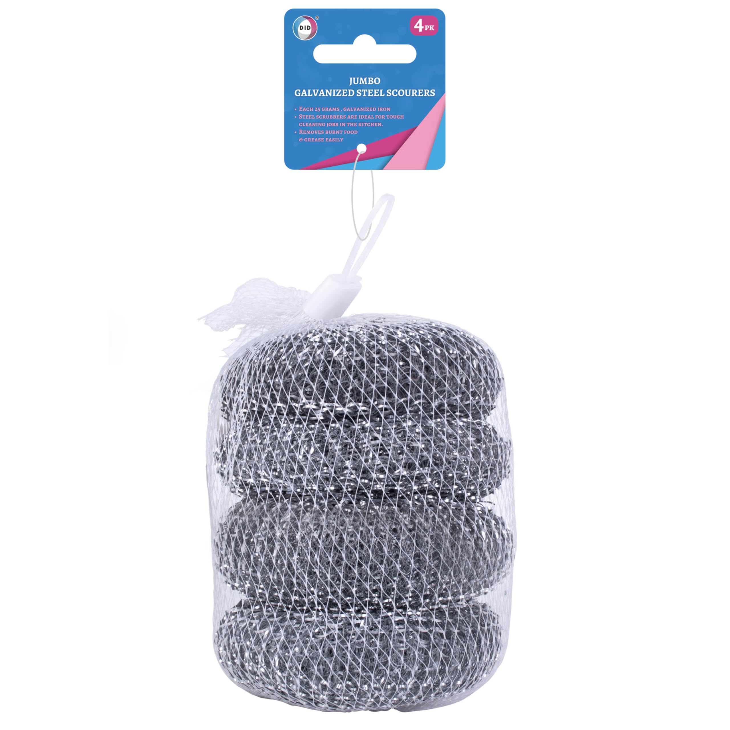 DID Jumbo Galvanized Steel Scourers, Kitchen Cleaning Steel Scrubbers Ideal for Cleaning & Removing Burnt food, Grease & Tough Stains, Heavy-Duty Multipurpose Cleaning Pad for Cookware - Pack of 4