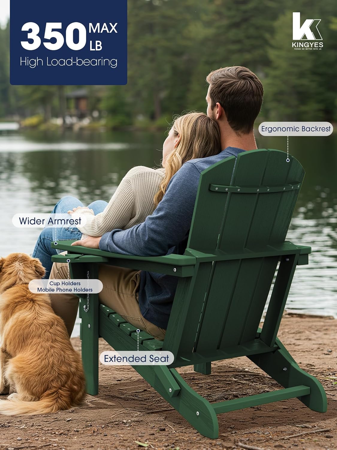 KINGYES Folding Adirondack Chair Set of 2, Dual Cup Holders & All-Weather HDPE, Wood-Like Patio Chair for Backyard, Camping, Pool & Fire Pit, Dark Green