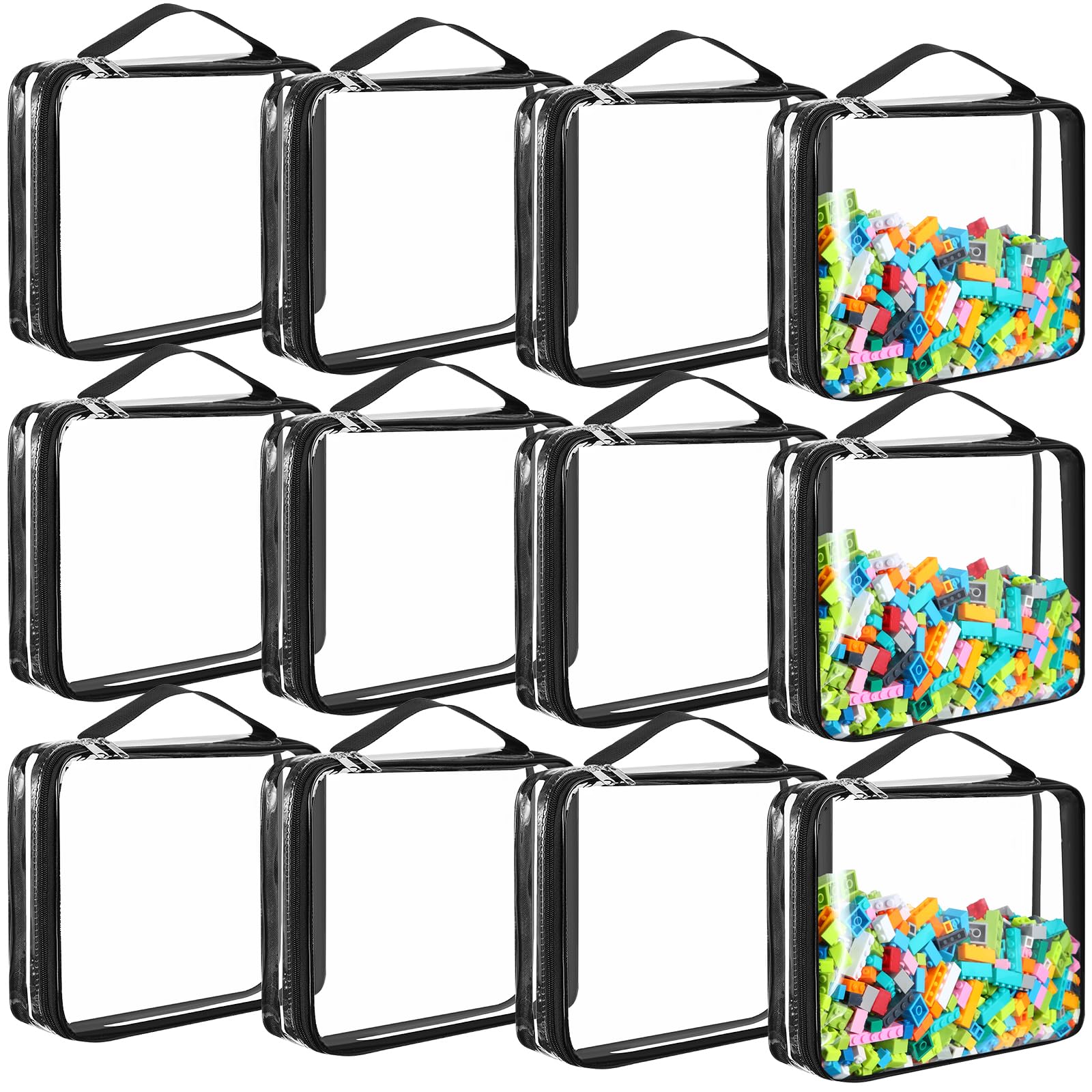Sanwuta 12 pcs Clear PVC Toy Storage Bags with Zipper Waterproof Toy Bags Puzzles Organizing Container for Books Board Games Building Blocks Toiletry(Black)