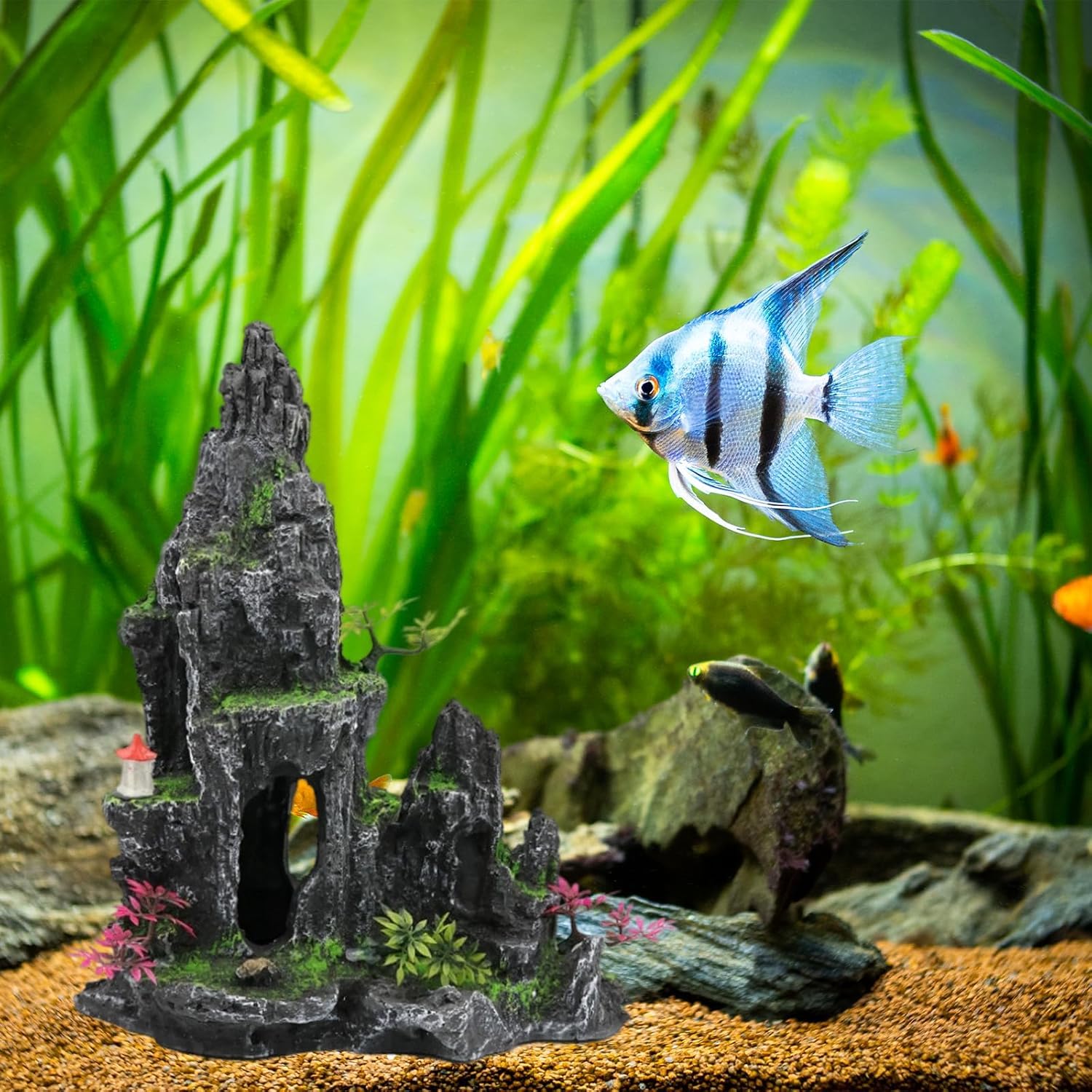 Decorazione per acquario in resina extra con grotta e casa sull'albero, grande ornamento tematico per acquario, decorazione per acquario (con piccoli pesci e piante acquatiche in plastica di