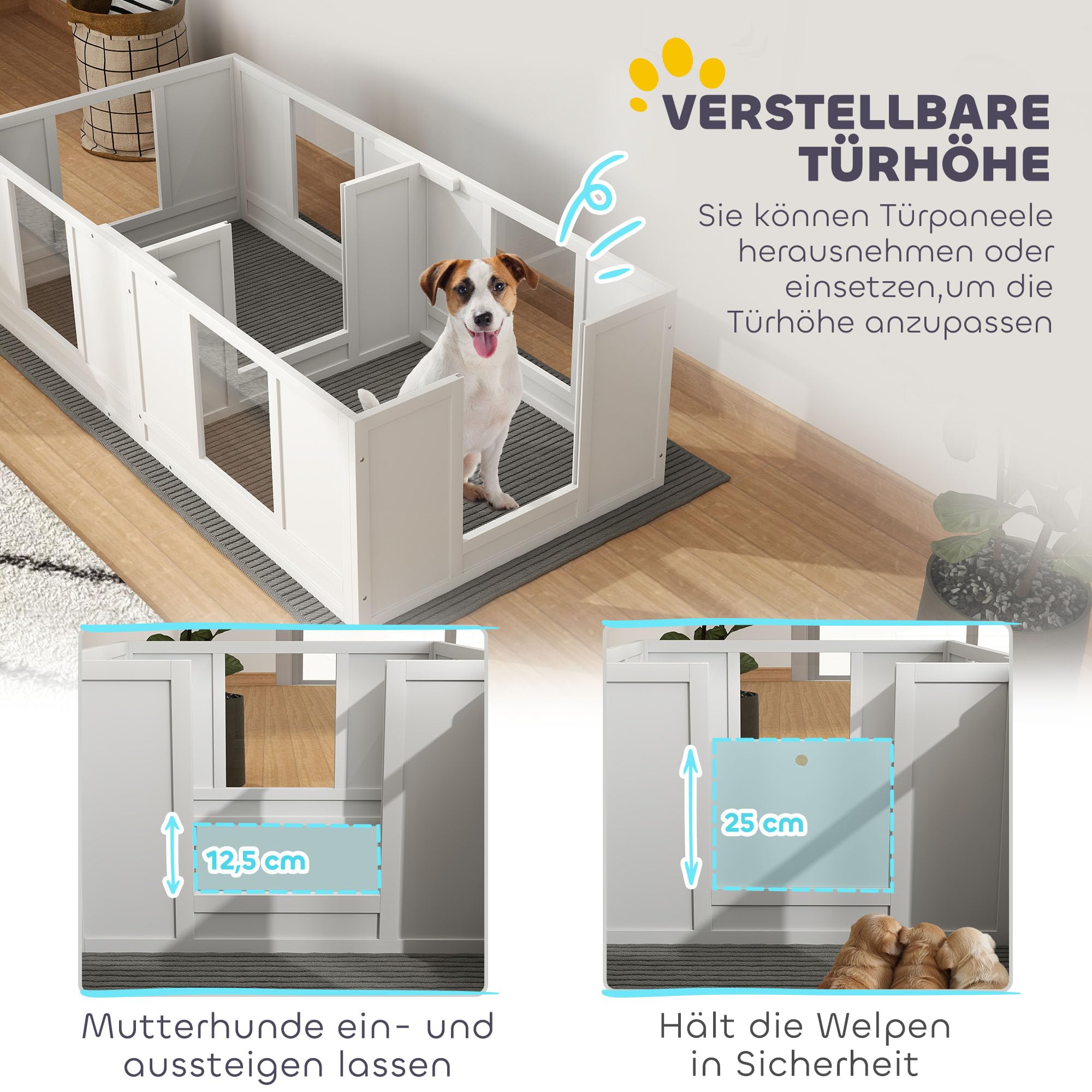 PawHut Wurfkiste für Welpen Wurfbox 2 Raum Kleine Hunde 164x80x48 cm Weiß | Welpenlaufstall, Hundelaufstall mit Tür, Welpenauslauf
