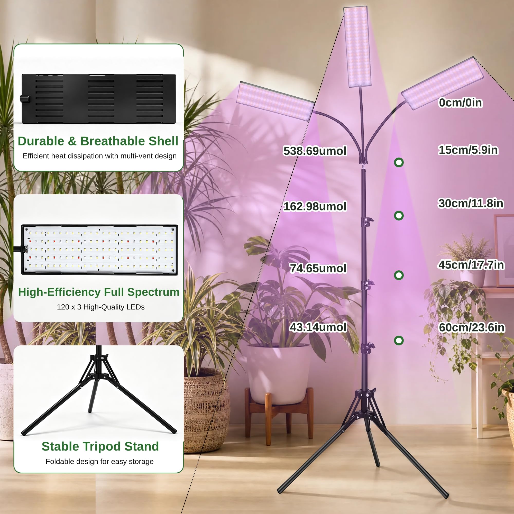 Lámpara LED de Espectro Completo con Soporte, 30 W 360 LED Grow Light, Regulable, Temporizador de Ciclo 3/9/12H, Altura Regulable 80-170 cm