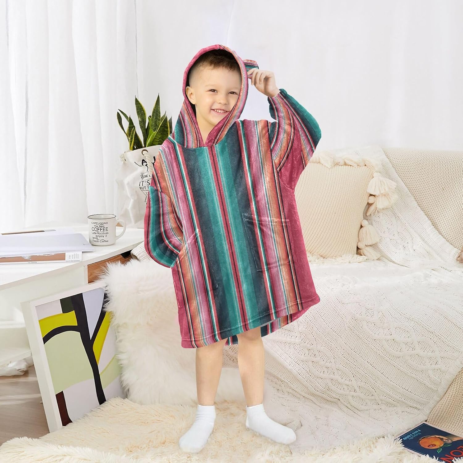 Kigai Colorful Stripes Wearable Blanket Hoodie for Kids Oversized Hooded Blanket Warm & Cozy Sweatshirt with Pockets