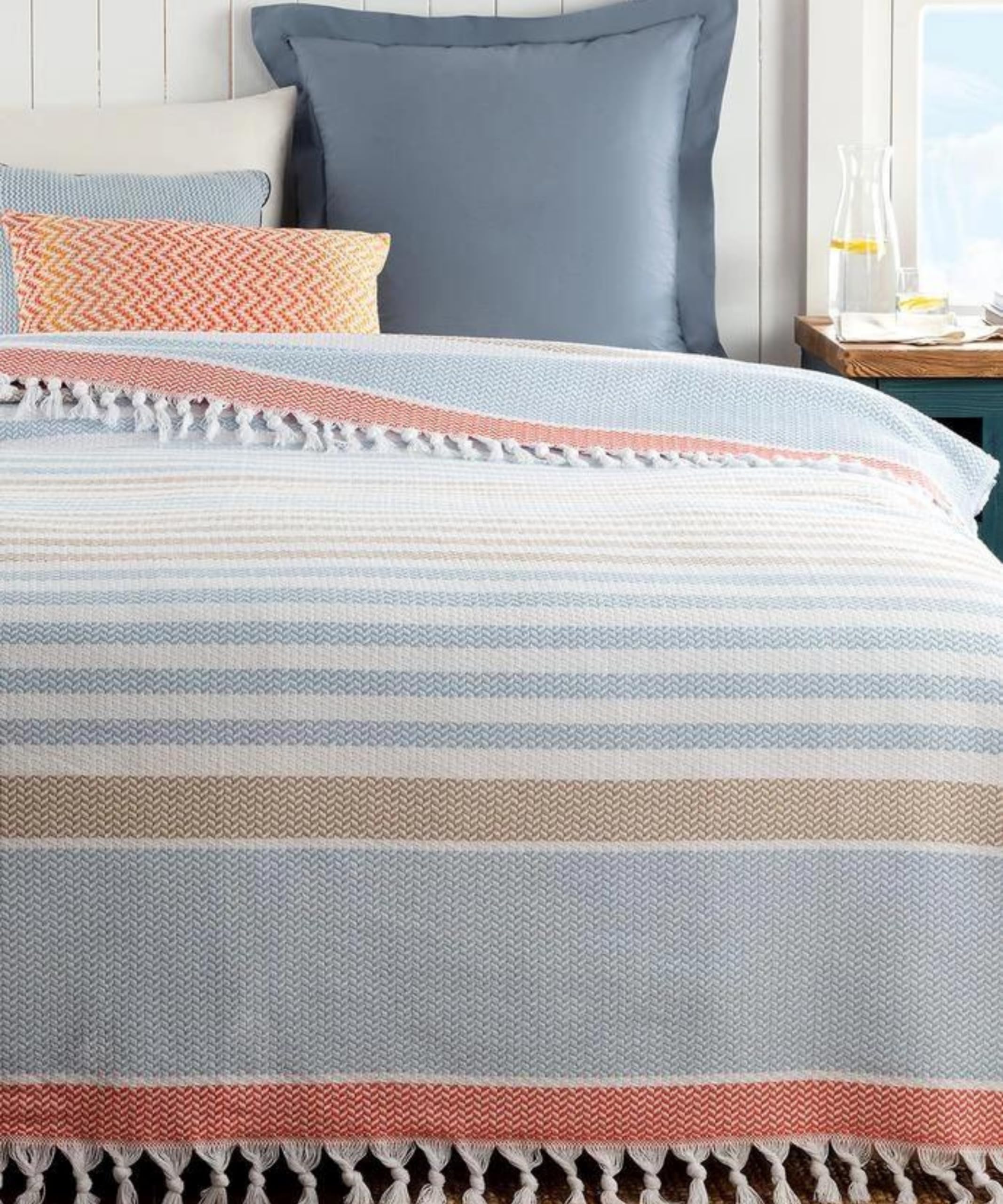 Bedspread Cotton and Polyester, Modern Fashions Bedspread, 63x87 Inch Blue/Beige