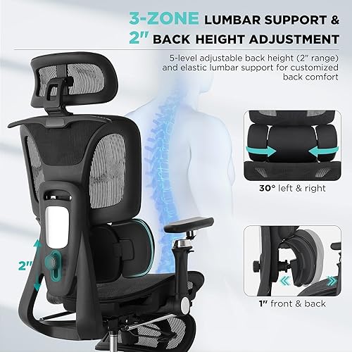 Miniatura 4 de Silla de oficina ergonómica con soporte lumbar dinámico de 3 zonas, silla de oficina grande y alta con reposapiés, profundidad de asiento ajustable,