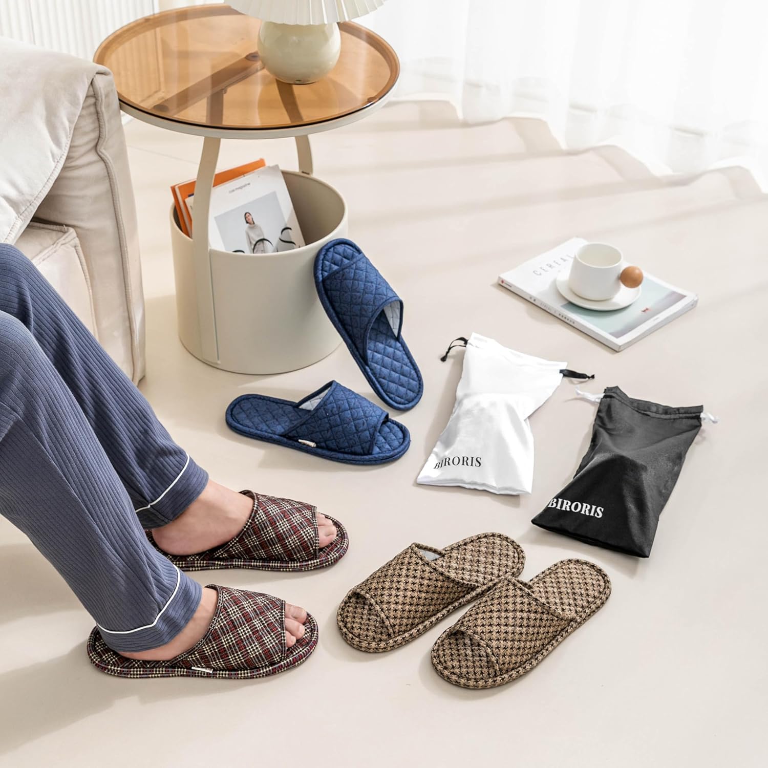 3 Pairs Plaid House Slippers for Men, Open Toe Indoor Slippers Comfortable Washable Portable Foldable Guest Travel Hotel Airplane Spa Slippers - Image 6