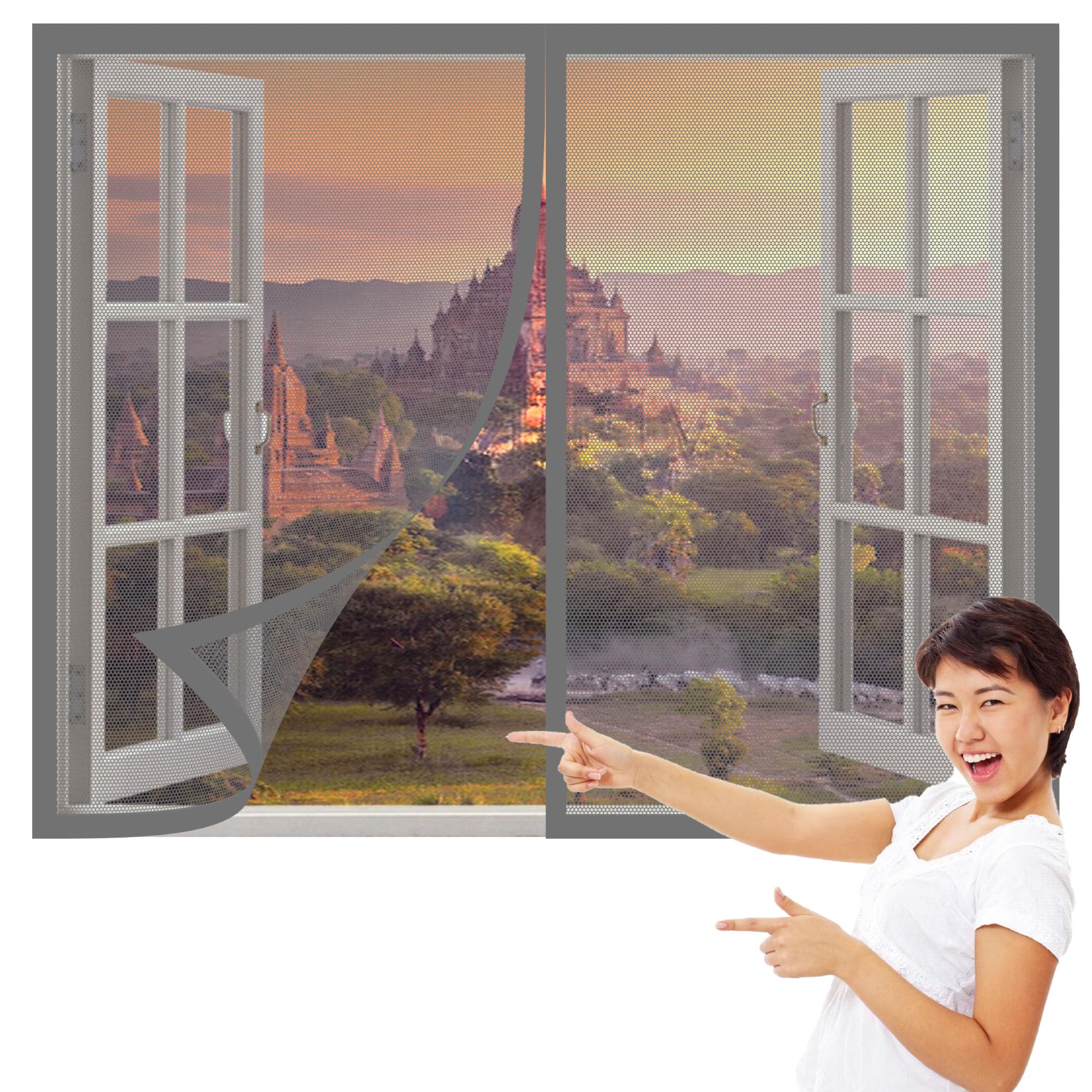Wruijio Grey Magnetic Fly Screens Windows 165 X 145 Cm With Selfadhesive High Quality Window Screen With Installation Accessories For Home, Office, Bedroom, Living Room Kitchen,