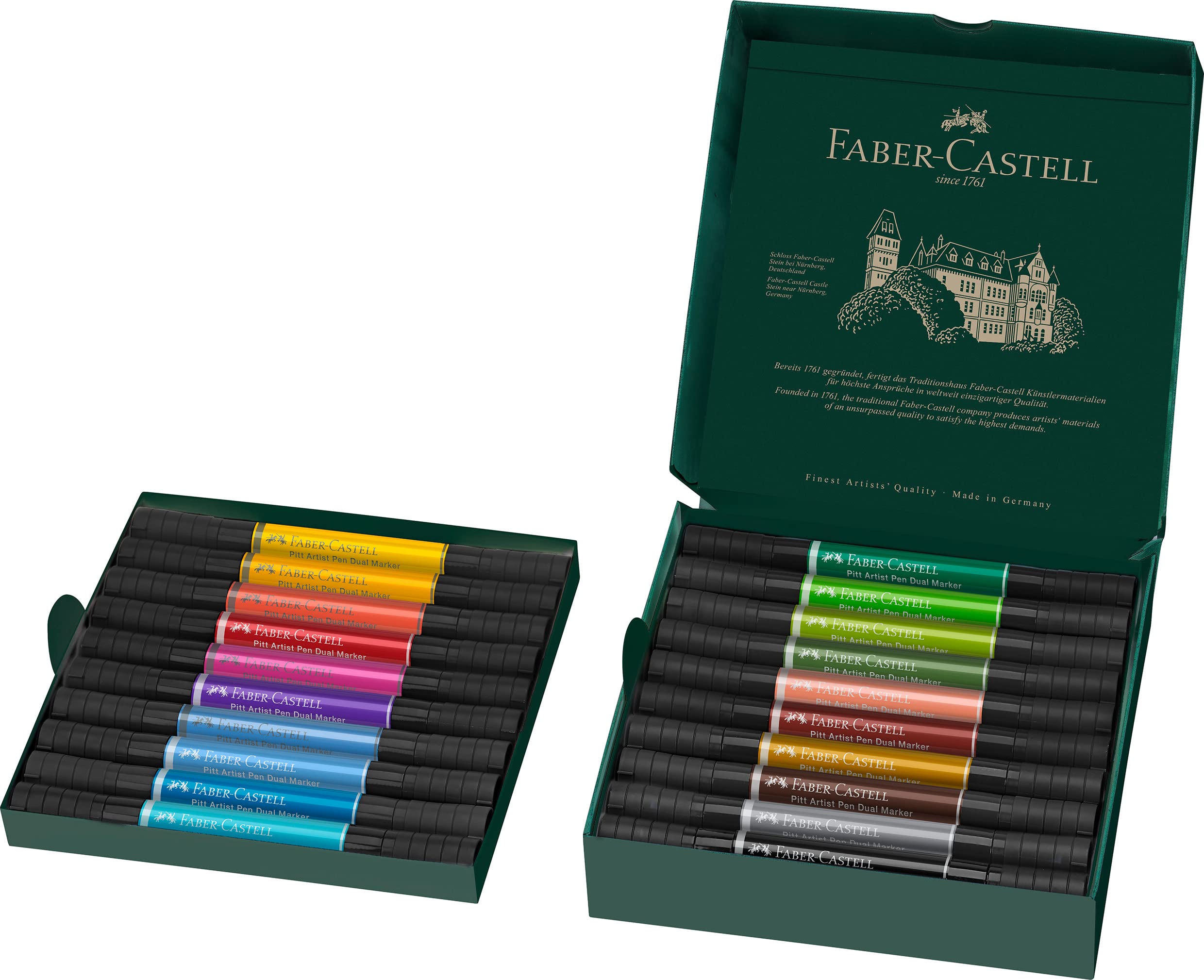Faber-Castell 162020 - Pitt Artist Pen Dual Marker Tuschestift, mit zwei Spitzen, eine Pinselspitze und eine metallgefasste Faserspitze, 20er Kartonetui