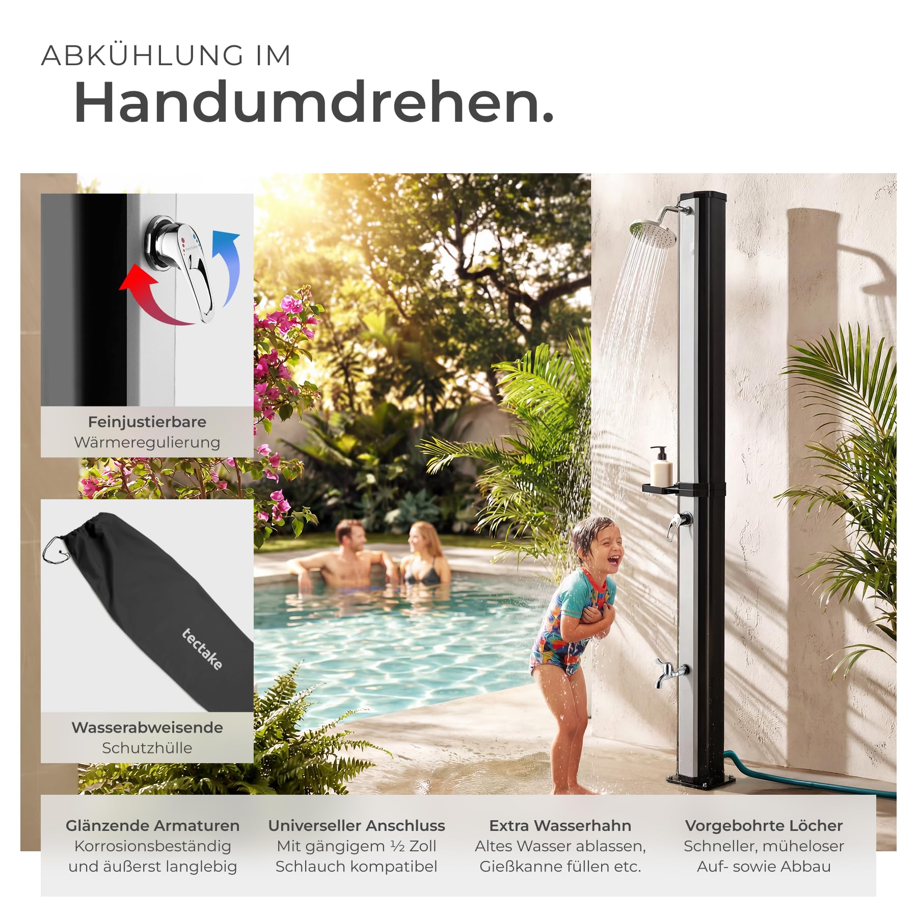 TecTake® Solardusche 35 l, bis 60° C warmes Wasser, drehbarer Regenduschkopf, mit Gartenschlauch-Anschluss und Wasserhahn, Solar Dusche Garten, Gartendusche, Camping Dusche - schwarz/Silber