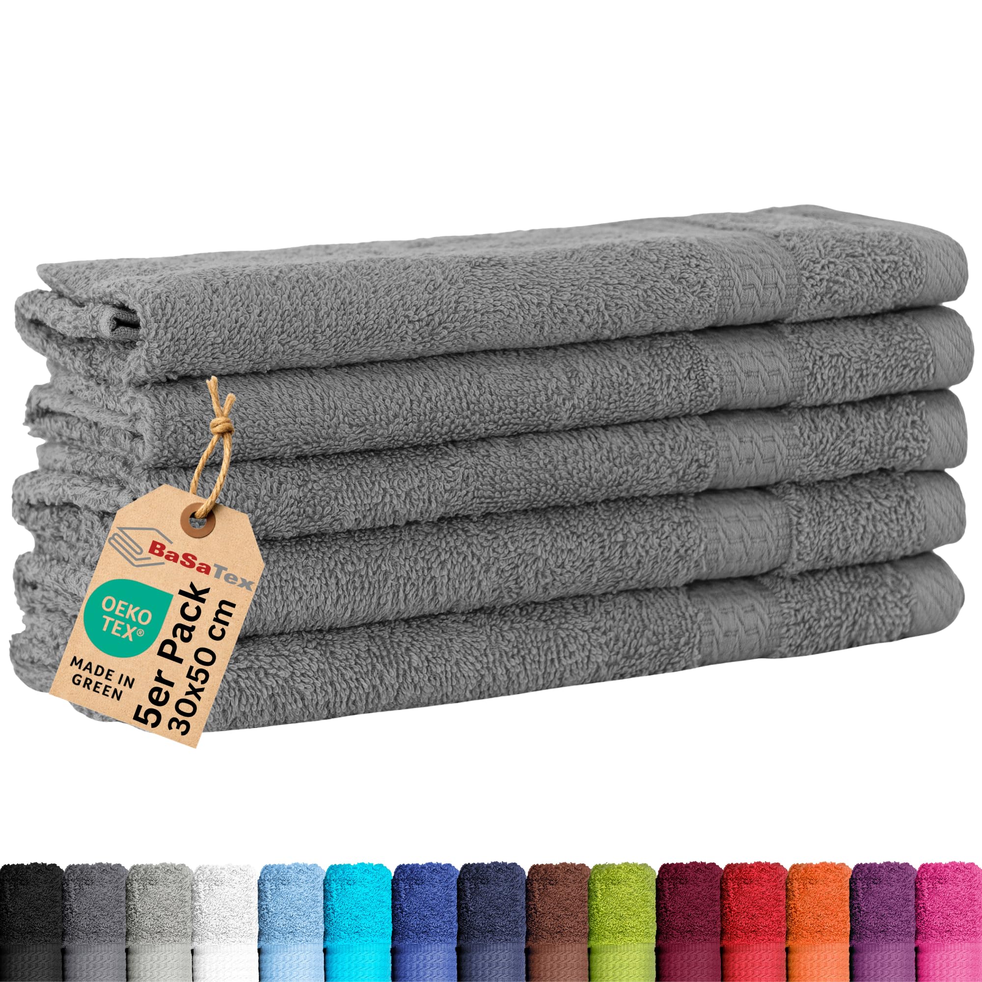 BaSaTex Lot de 5 serviettes d'invité en éponge 30x50 - Serviette d'invité en 100% coton Made in Green - Couleur: Anthracite