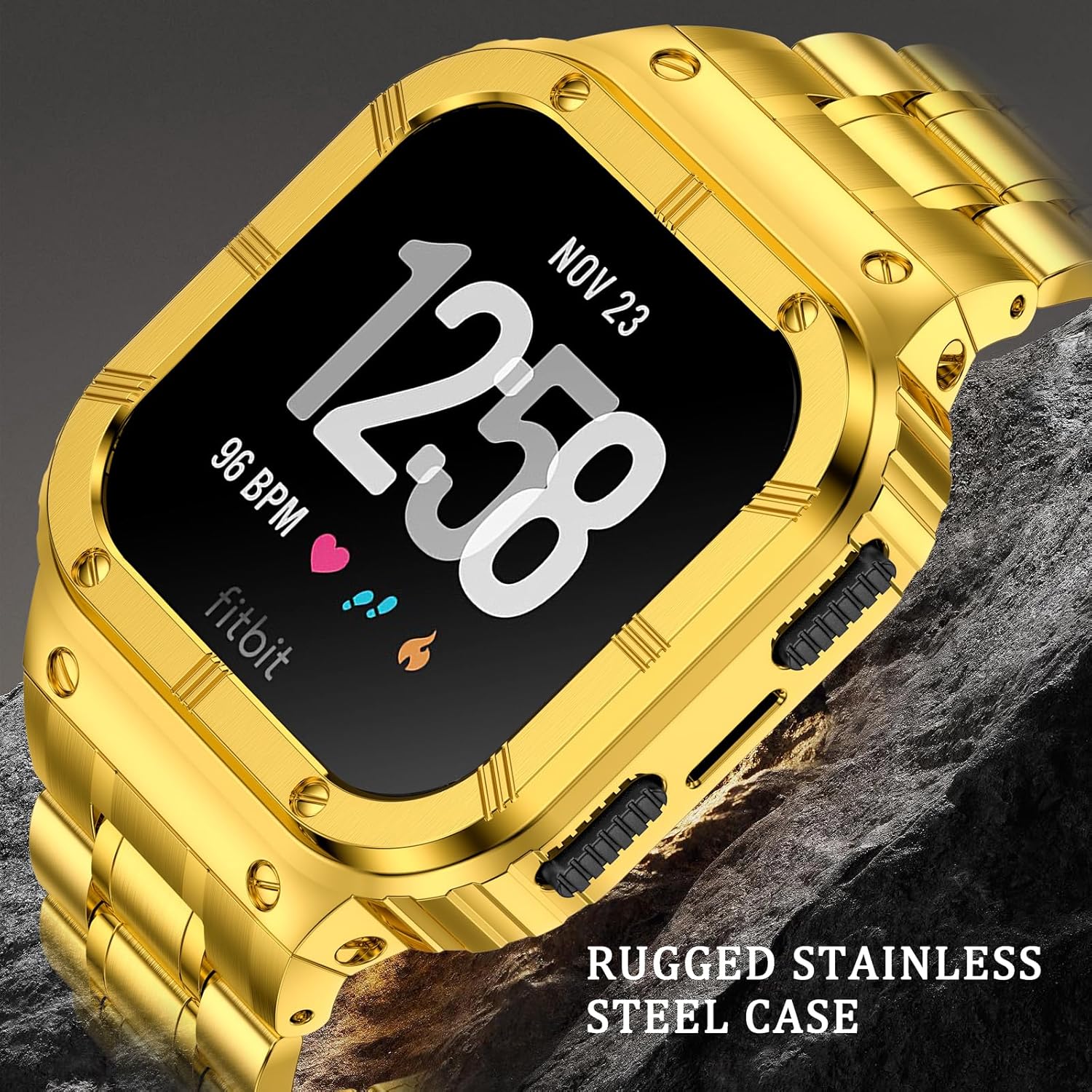 Stainless Steel Watch Band with Case Compatible for Fitbit Versa/Fitbit Sense Bands, Rugged Protective Bumper Metal Wristbands for Men Women