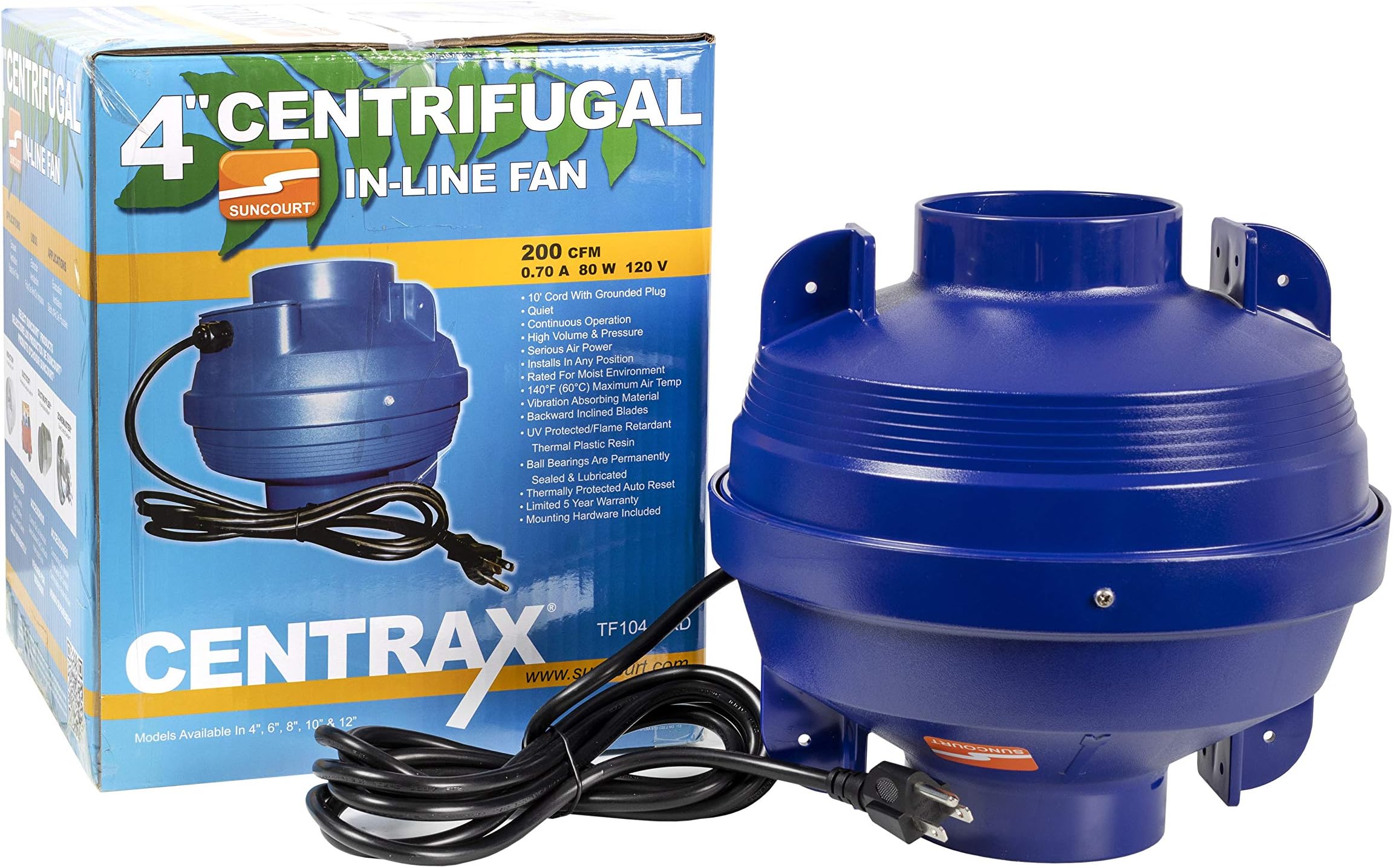 SuncourtCentrax TF104-CRD In-Line Centrifugal Duct Booster Fan (4 inch) with Button Control, Improved Air Flow for Better Indoor Heating and Cooling, Blue