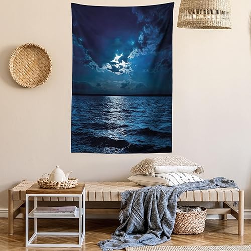Miniatura 6 de Ambesonne Tapiz de noche, majestuosas nubes de cielo dramáticas y luna llena sobre paisaje marino, océano tranquilo y tranquilo, colgante de pared