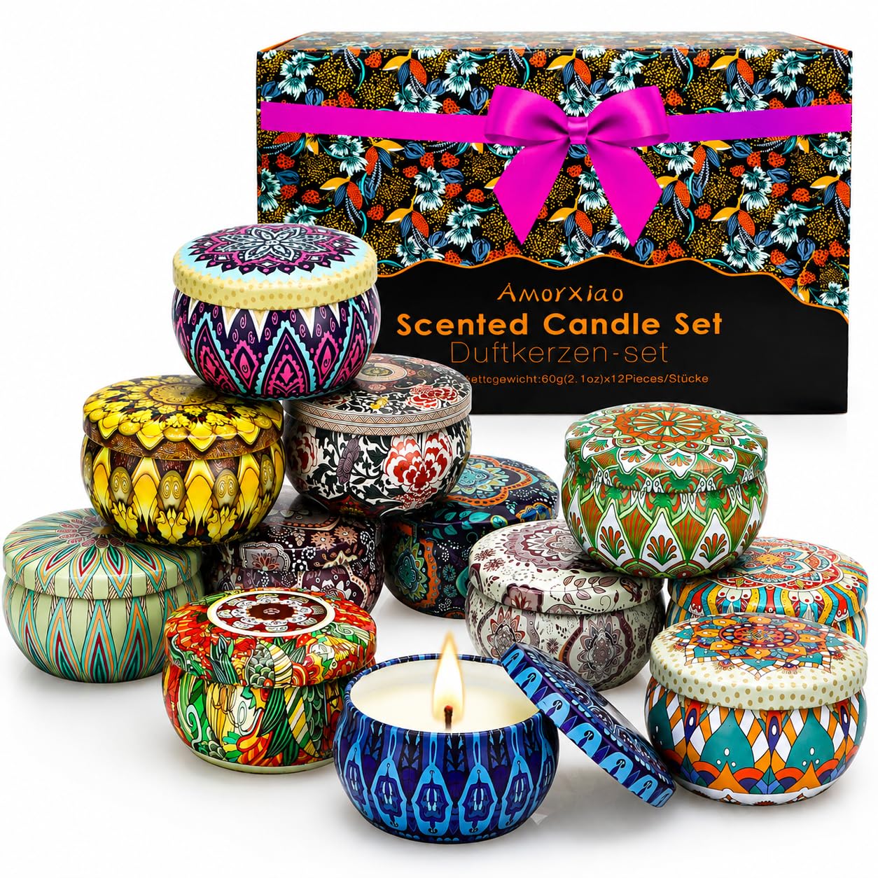 Regalo per Donne 12 Pezzi Set di Candele Profumate di Metallo per Moglie,Fidanzata,Candele in Cera di Soya Naturale Confezione da Regalo per Casa,Natale,San Valentino,Compleanno,Festa della Mamma