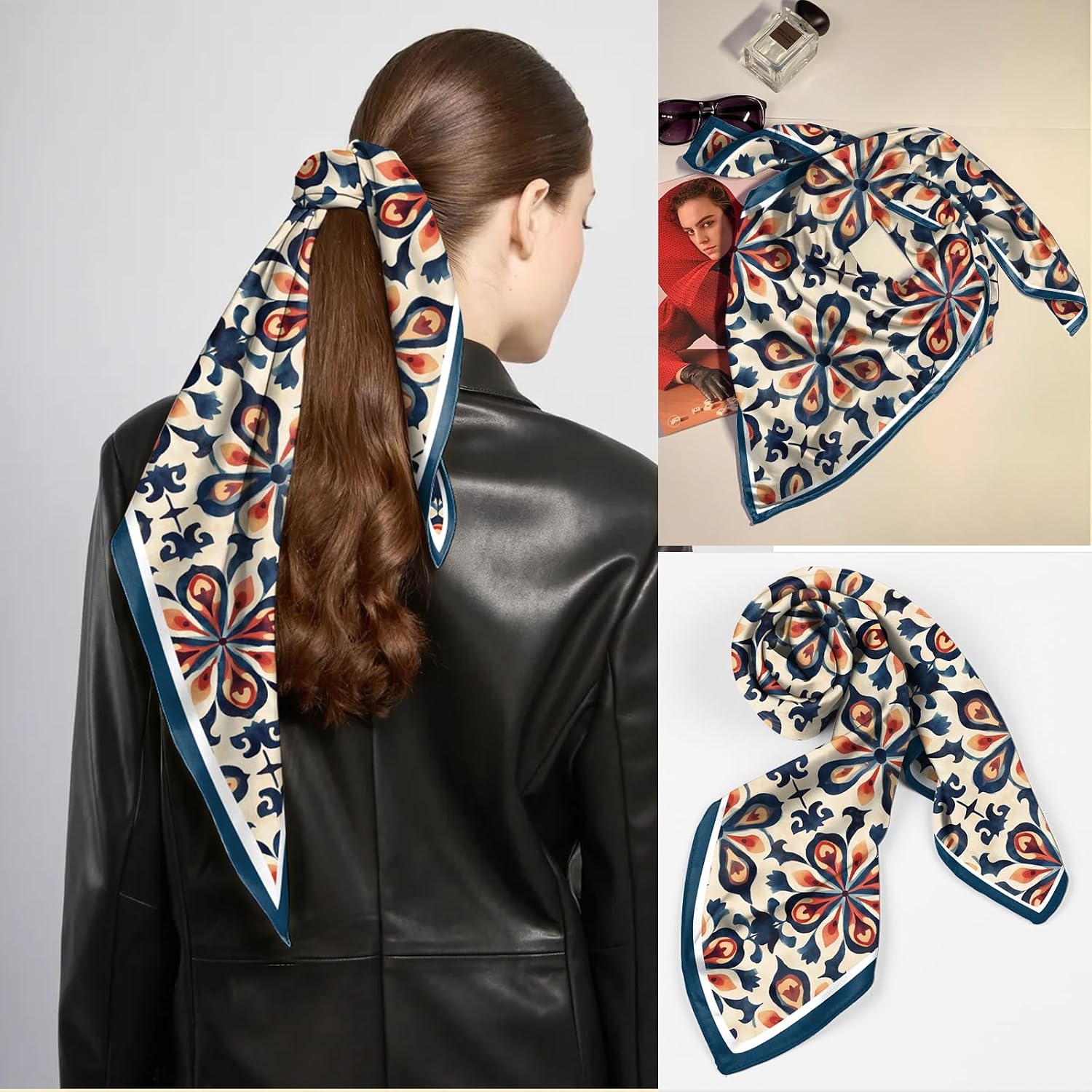 Scarf Silk Feeling Square Satin Headwear Wrap 27.5 Inches Bandana Aesthetic Trendy Cute Handbag Decoration Women Girls-Bohemia Flower image 4