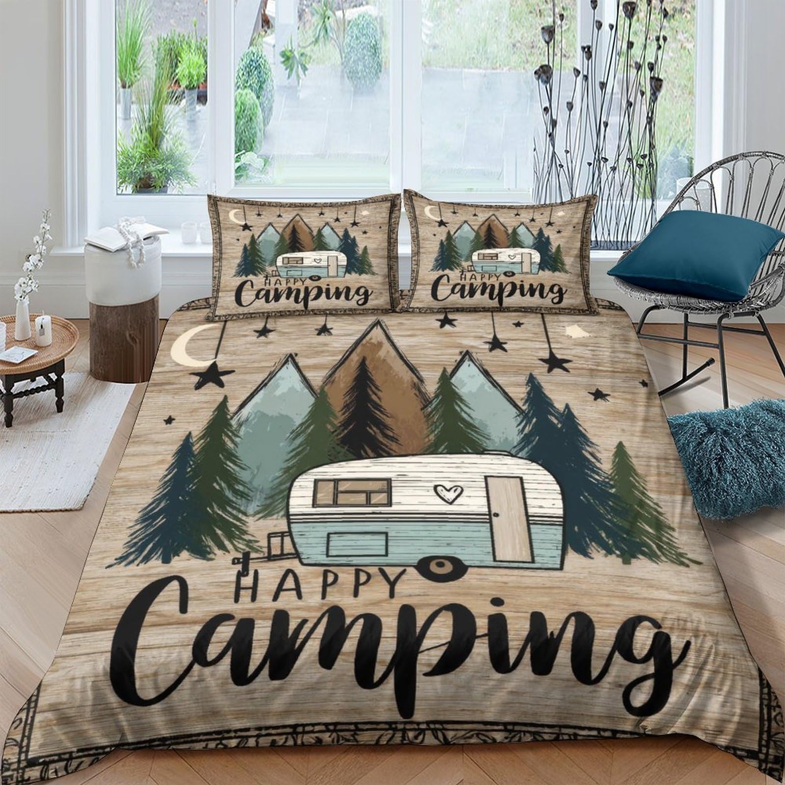 Ctjqhvkz Style-4 3D Printed Happy Camping Fitted Sheet Microfiber Forest Caravan Bed Sheet For Bedroom Guest Room Mattress Protection Decor Single（135X200cm）