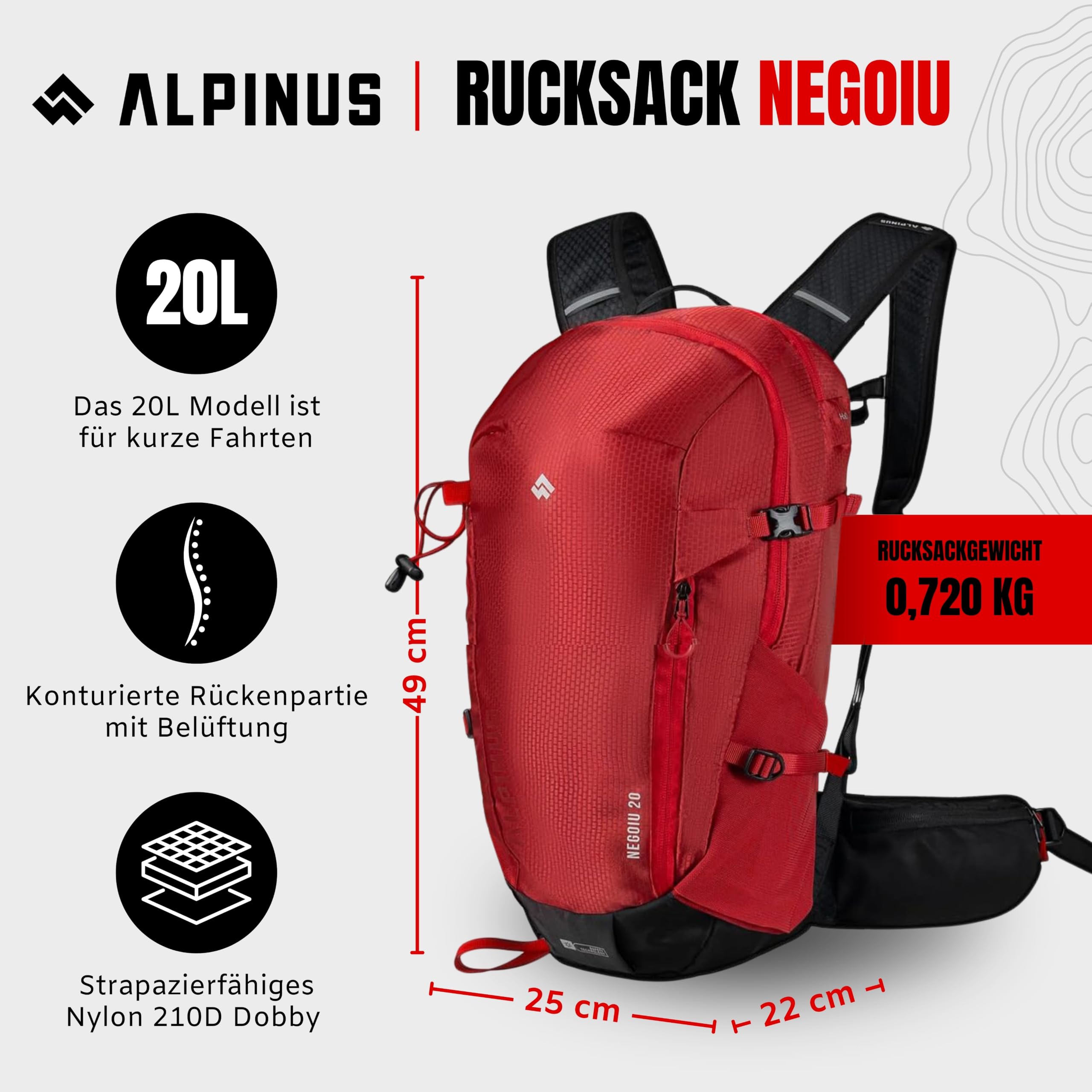 Alpinus - Negoiu 20L Plecak turystyczny, plecak sportowy i outdoorowy, trekkingowy z materiału odpornego na ścieranie, na jednodniowe wycieczki, plecaki turystyczne, ergonomiczny- ciemnoczerwony