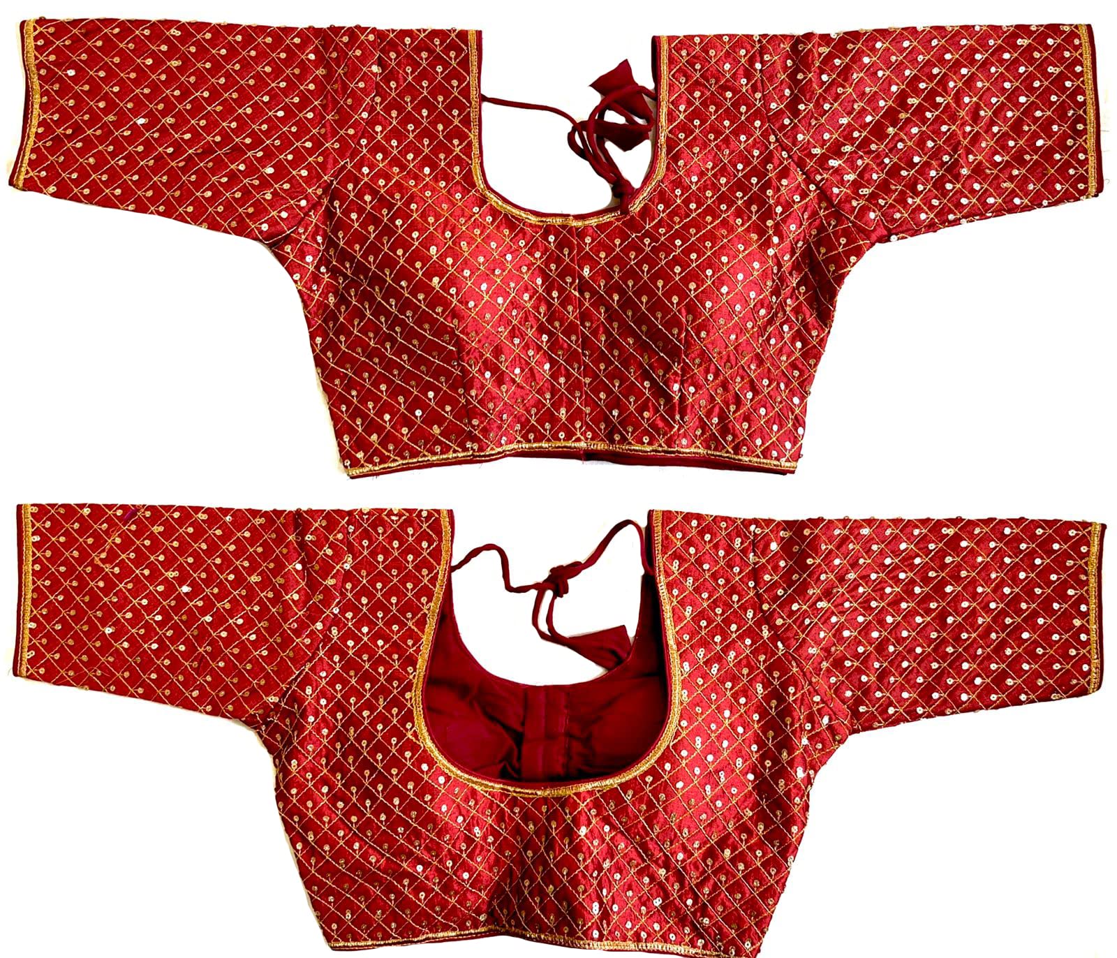 Pujia Mills Women's Embroidery Half Sleeve Silk Readymade Blouse (Banke_Maroon_38)