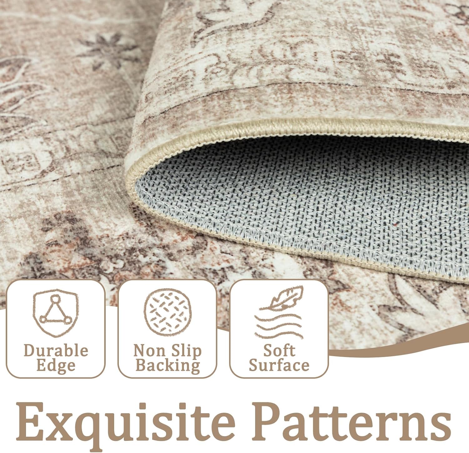 Capslpad Boho Brown 8x10 Rugs for Living Room, Non-Slip Machine Washable Rug, Soft Nom-Shedding Botanical Large Carpet, Vintage Distressed Print Bedroom Rugs for Dining Room Office Nursery
