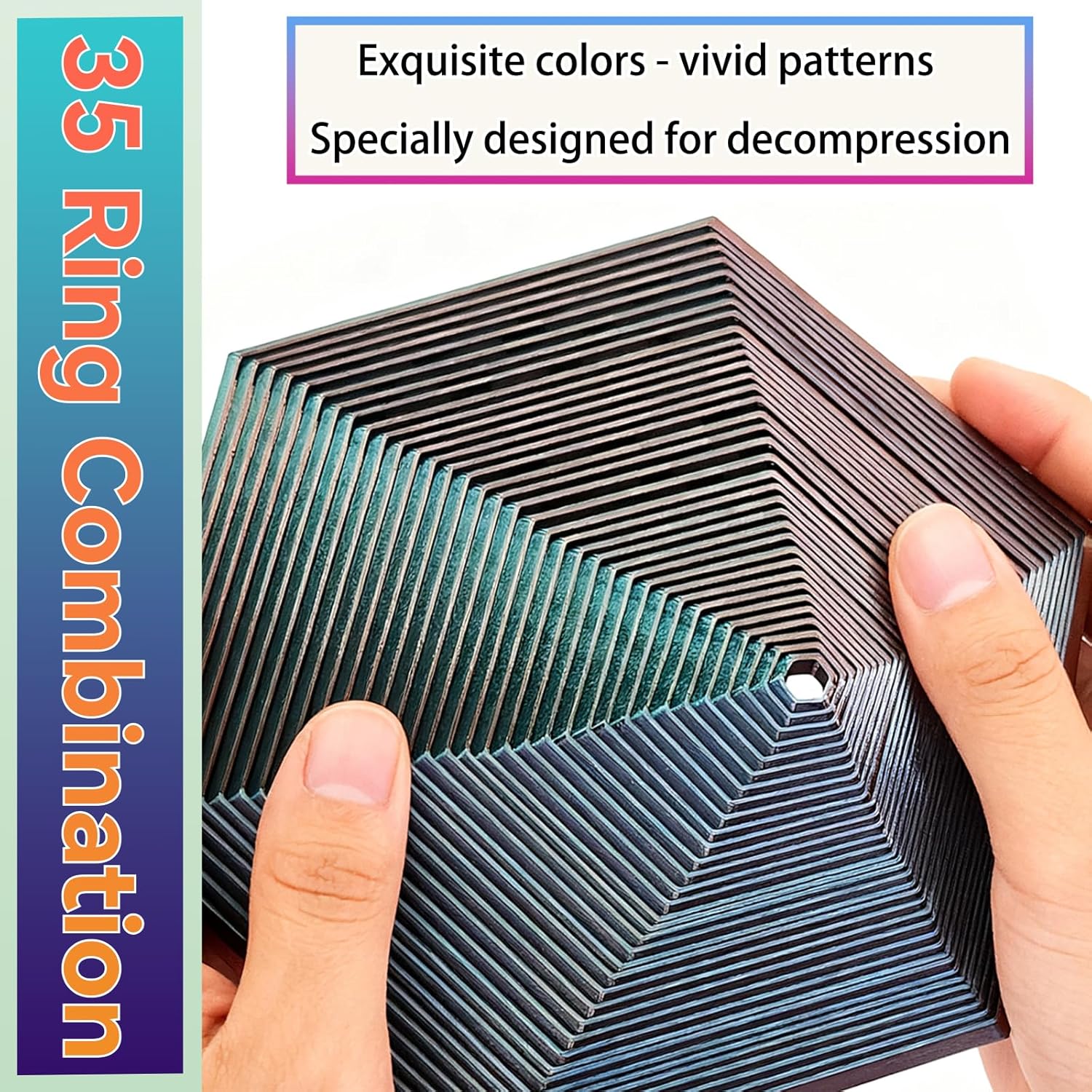 Fractal Fidget Hexagon - Suitable for Relieving Stress, Anxiety, and Tension | Autism, ADHD | Desk Adult Fidgeting Stress Relief Gift (Blue Green Red Yellow 35 Rings)