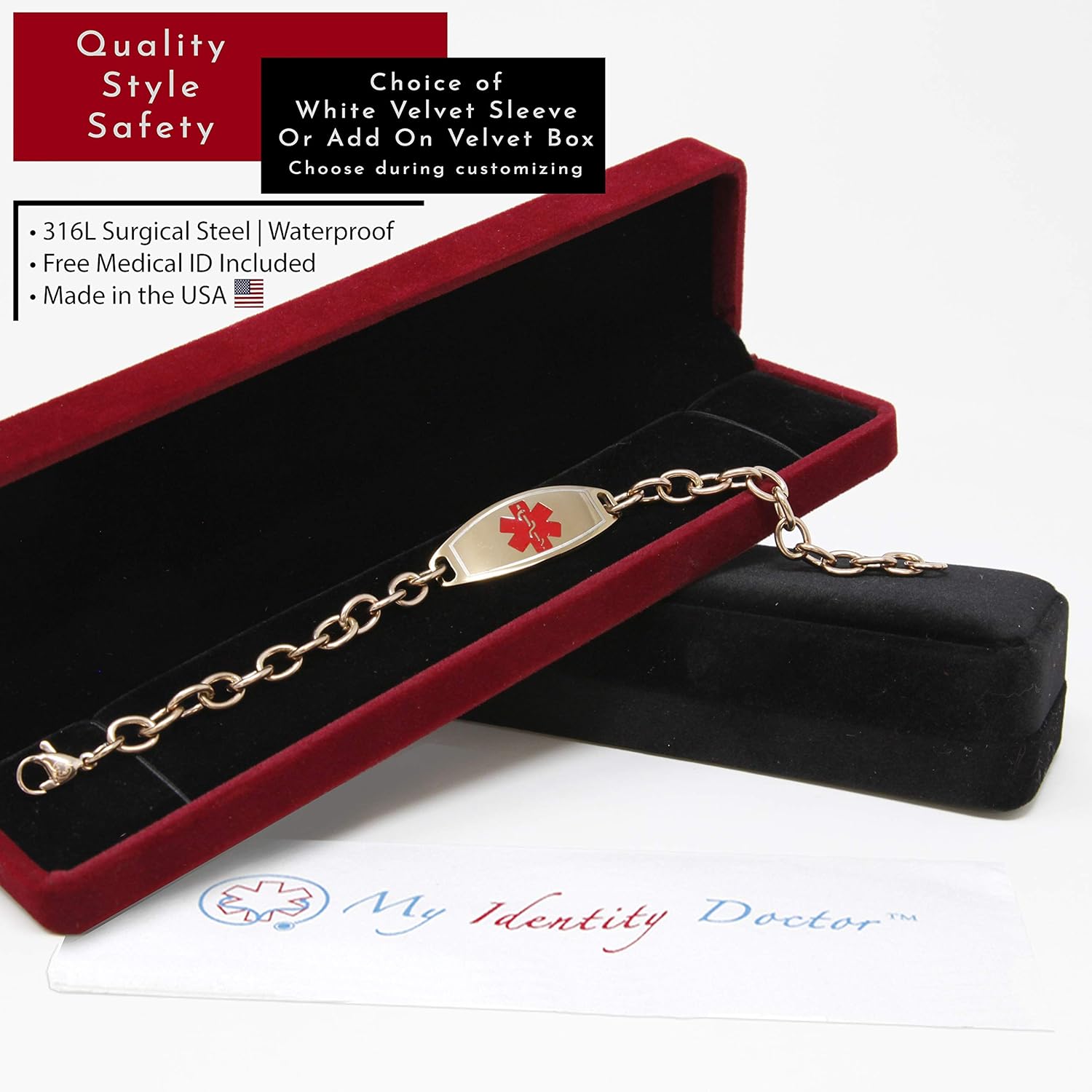 Medical Alert Bracelet for Women, Custom Engraved Medic ID, Rose Gold Tone Steel 6mm O-Link Chain, Red, Free ID Card - Made in USA
