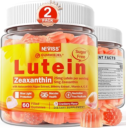 Paquete de 2 gomitas de suplementos de luteína y zeaxantina (25 mg), vitaminas A, C, E, arándano, astaxantina, aceite de coco para una mejor