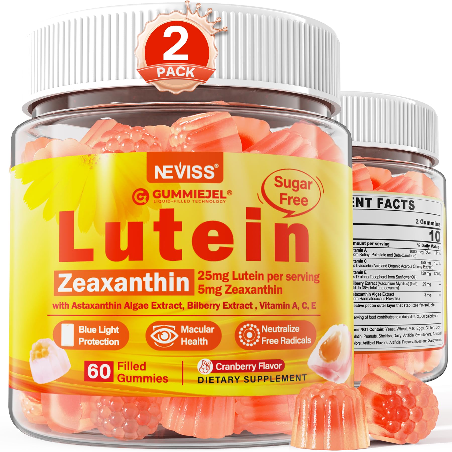 Lutein and Zeaxanthin Supplements Gummies 25mg Vitamins A, C, E, Bilberry 60 Count (Pack of 2)