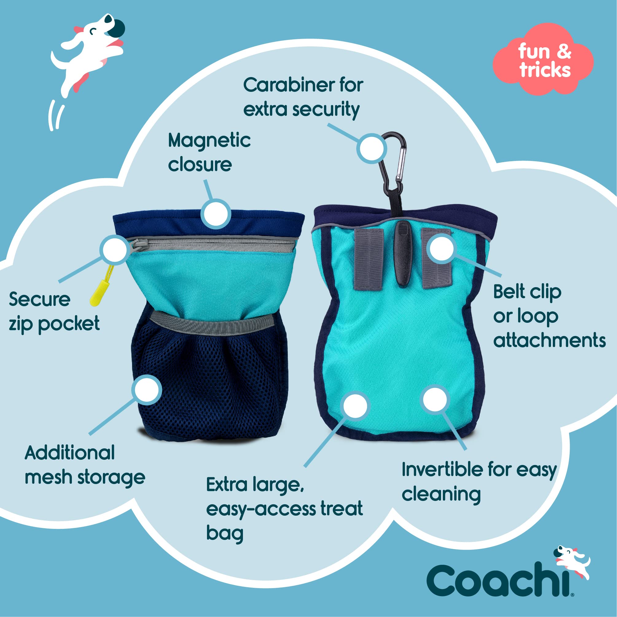 Coachi Pro Train & Treat Saszetka na przysmaki | Granatowy/Błękitny | Bardzo duża pojemność, bezpieczne opcje mocowania, kieszeń na zamek. Idealna na spacery z psem i treningi