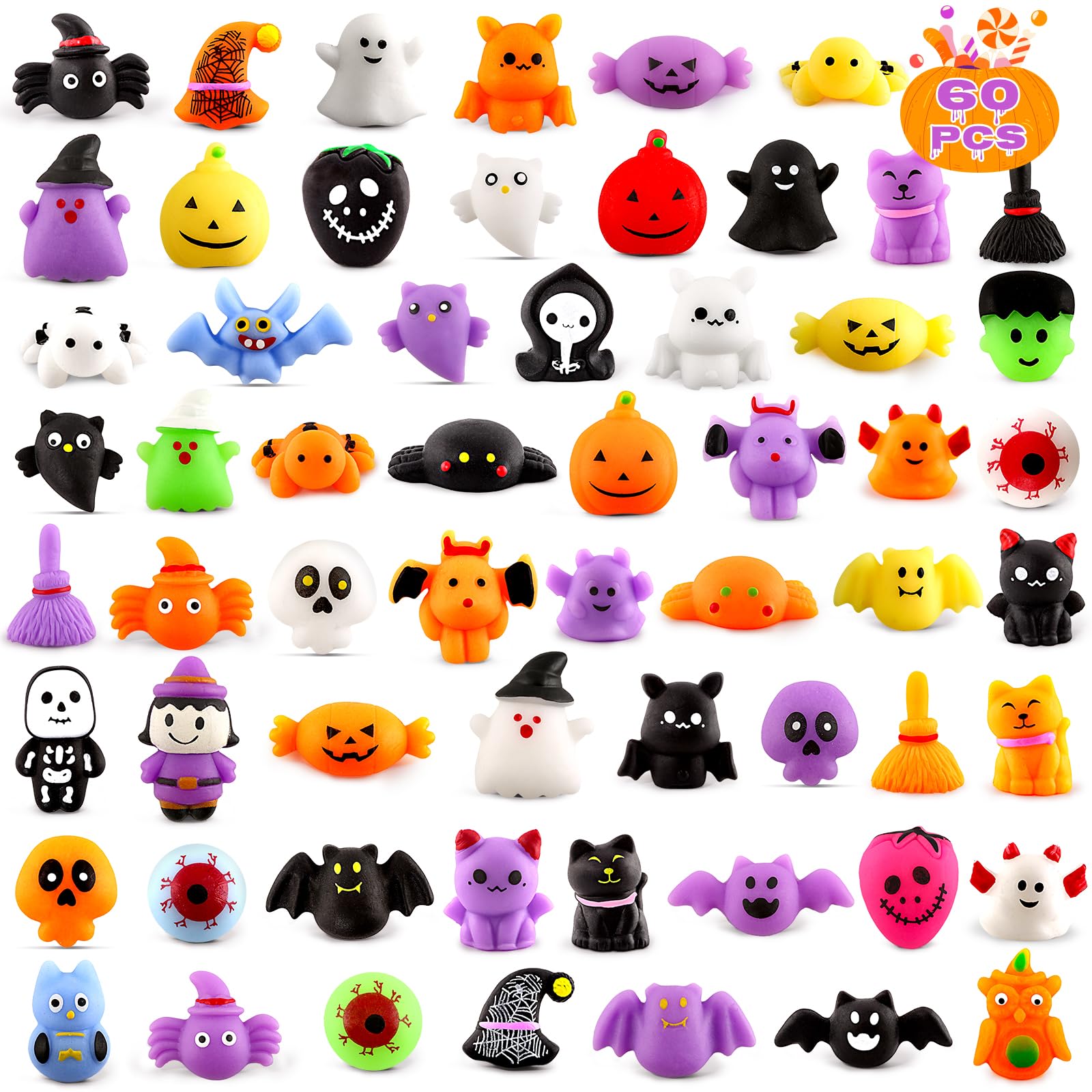 SpringFlower 60PCS Halloween Party Favor for Kids, Halloween Classies Character Squishy Toys for Goodie Bags Stuffers Filler, Squishy Toys for Classroom Prize Reward