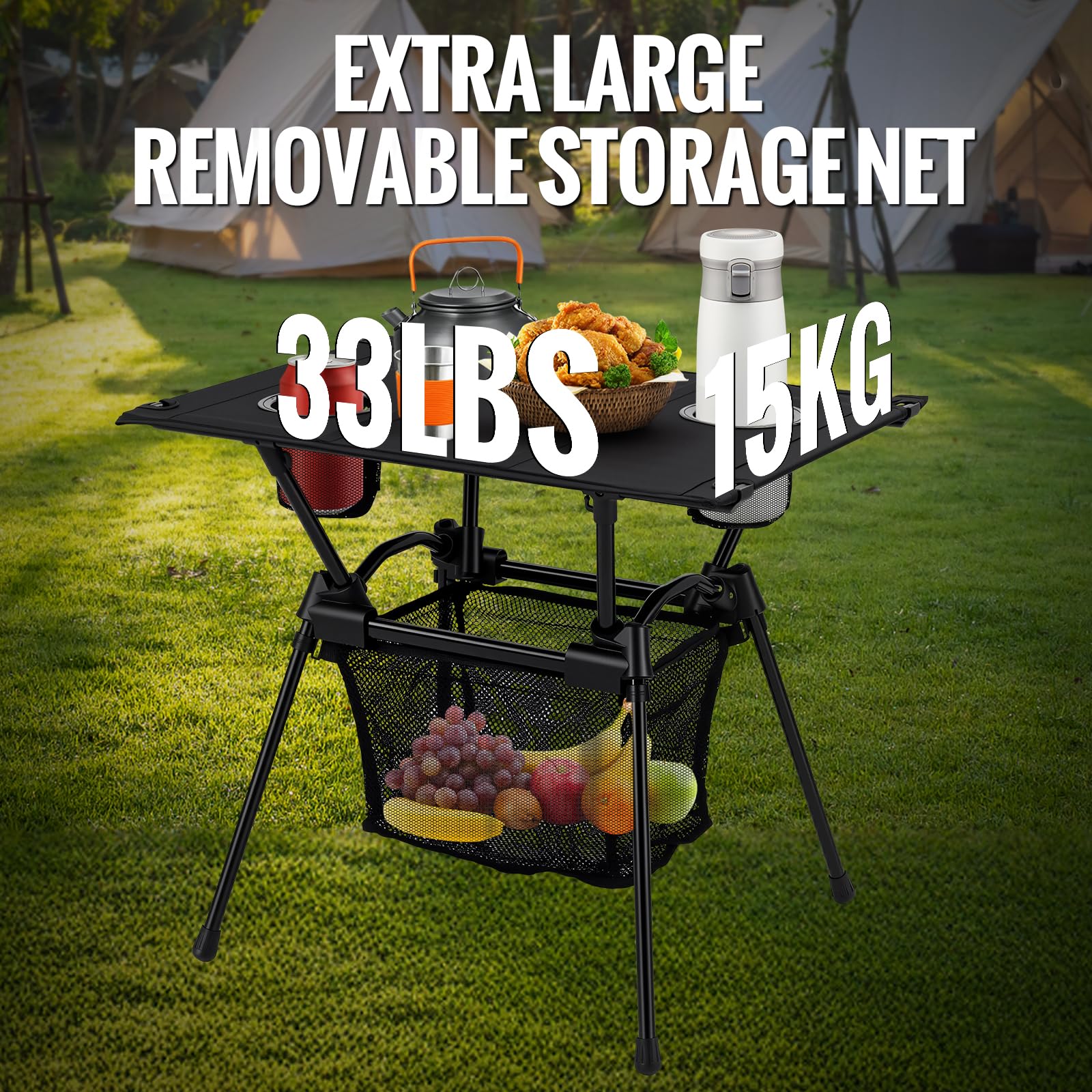 GARLLEN Mesa de camping plegable, mesa de playa compacta ultraligera con mesa de tela, mesa de viaje portátil de aluminio con portavasos y red de almacenamiento para arena, camping, al aire libre