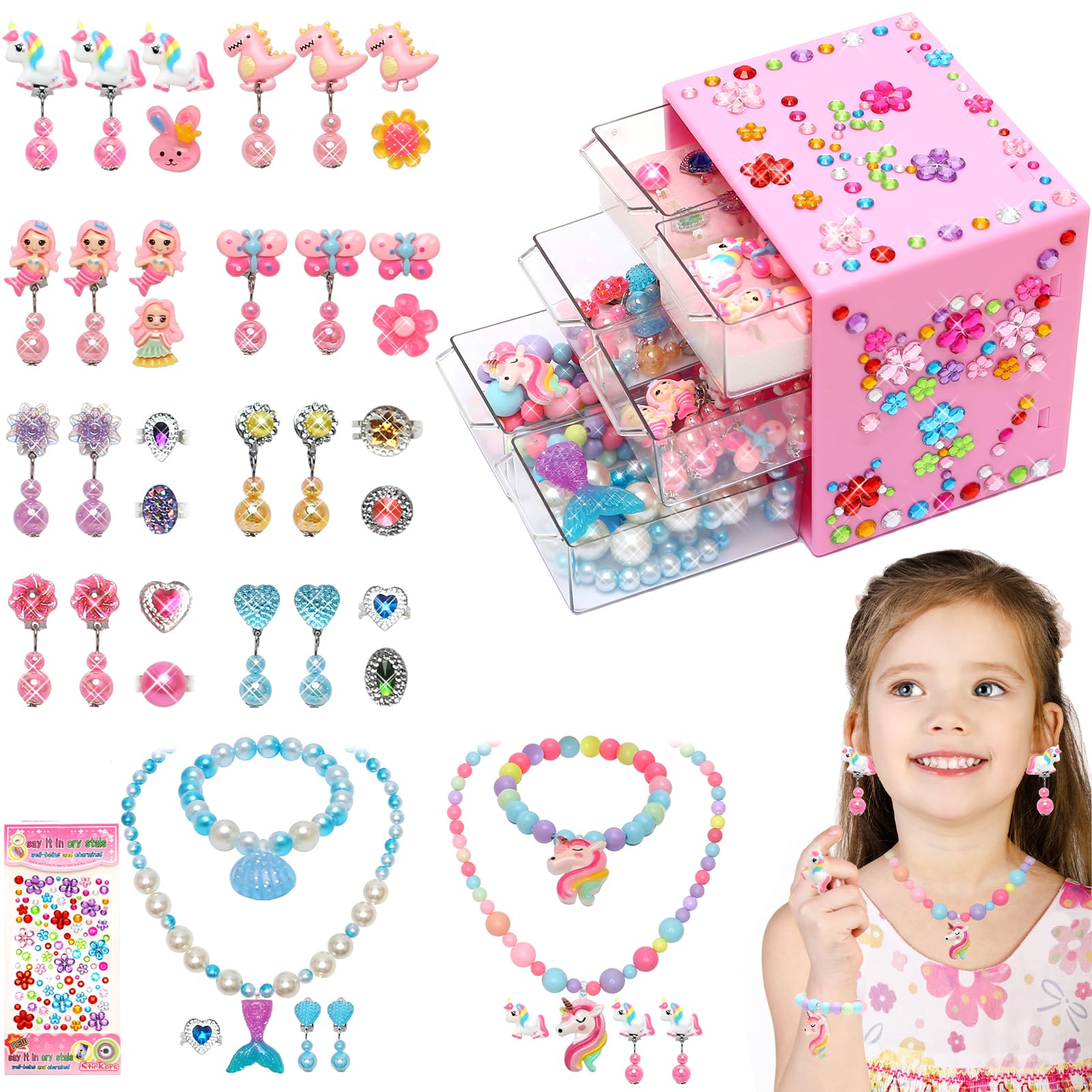 Toys for Girls Jewelry,37PCS Princess Toddler Girl Toys Age 6-8 for Pretend Play & Dress Up, Adjustable Ring Clip on Earrings Kids Toy for 3 4 5 6 7 8
