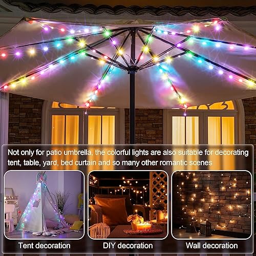 Miniatura 3 de Tira de luces para sombrilla de patio, impermeable, 104 LED, control remoto, 8 modos, funciona con pilas, decoración colgante, luces de poste para