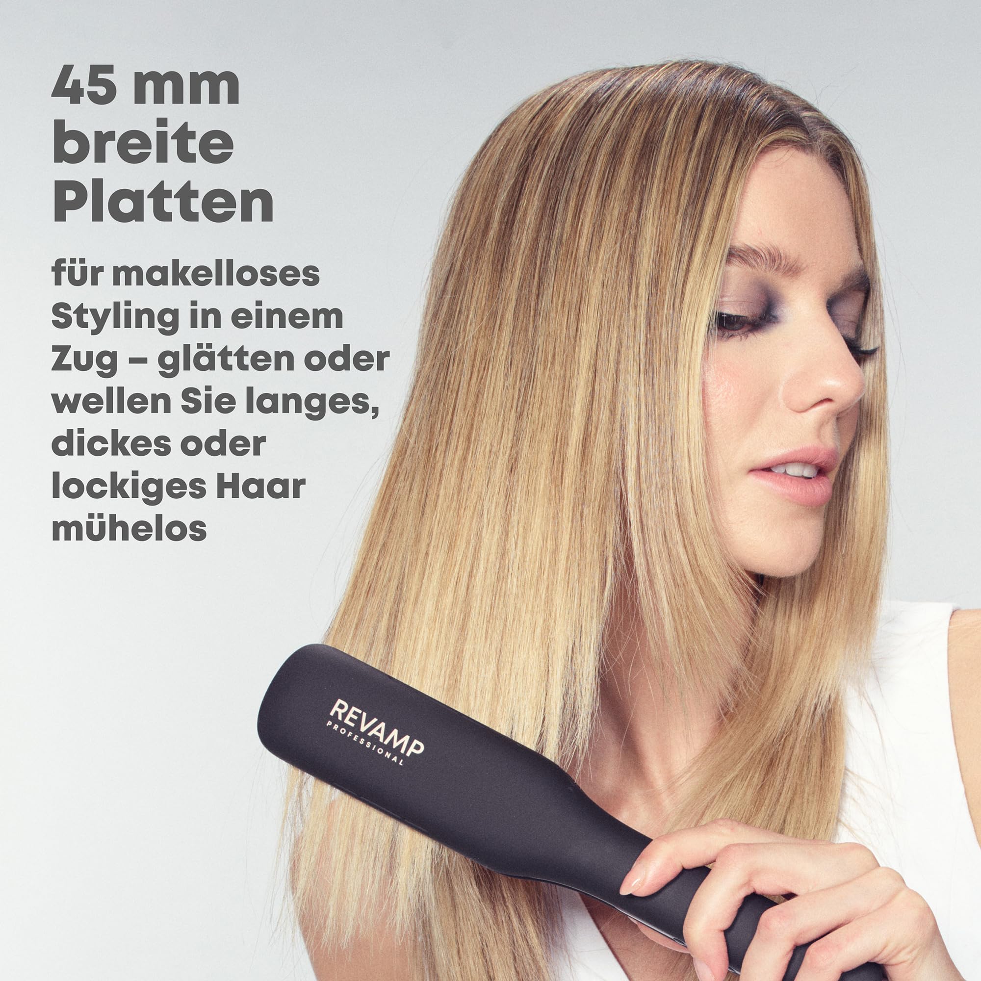 REVAMP Enigma Tri-Care Glätteisen Infrarot-Ionen - Breite Platten | Keramikplatten, Haarschonendes One-Stroke-Styling, Geschwungenes Design, Glätten, Locken, Wellen, Profi