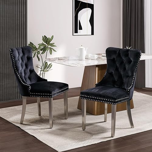 Miniatura 21 de Juego de 6 sillas de comedor de terciopelo, sillas de comedor tapizadas acolchadas con ribete de tachuelas y patas de madera maciza para cocina,