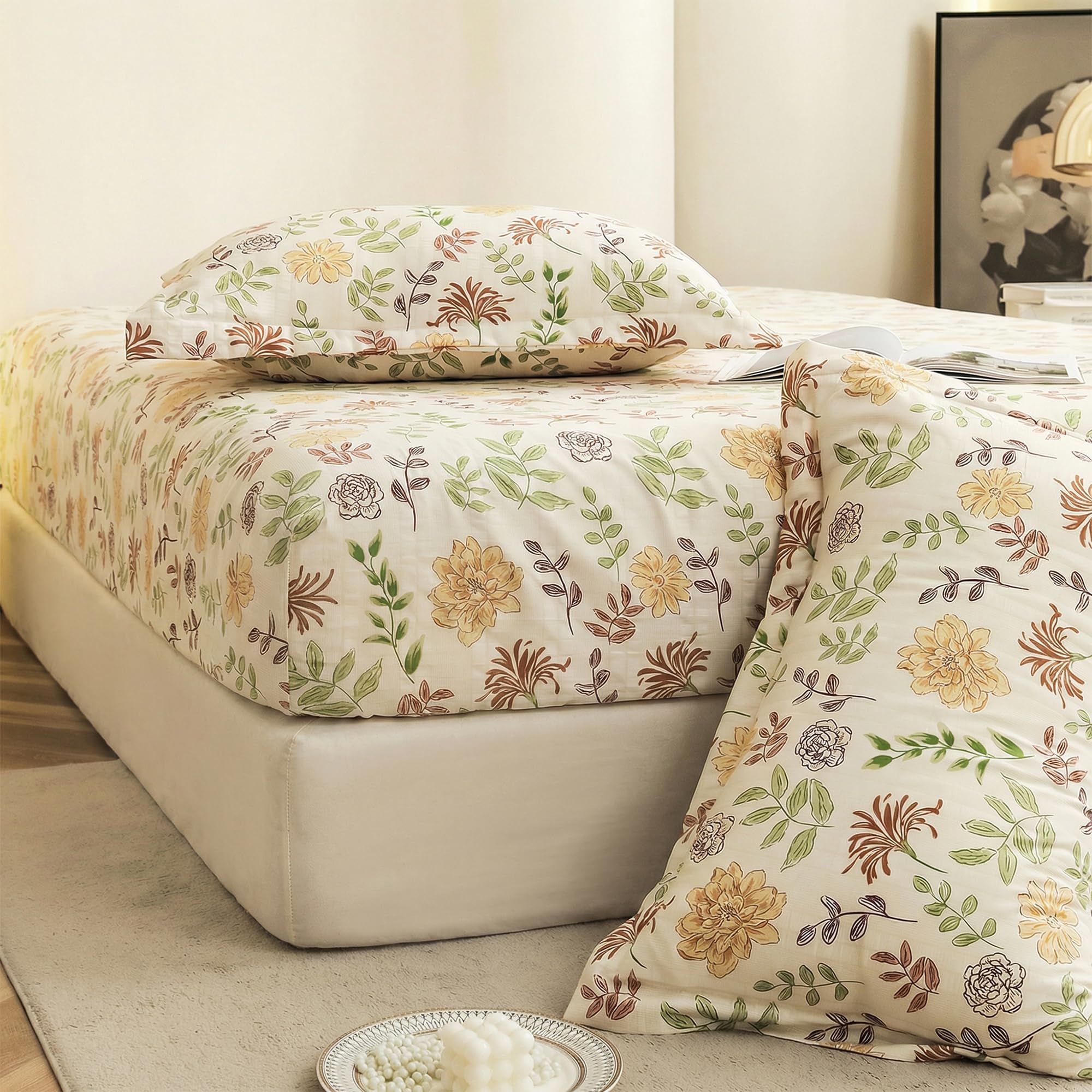 Story@Home 210 TC Cloud Cotton Elastic Fitted Size : 72 x 78 Inch Printed King Size Double bedsheet with 2 pilow Covers Fits Upto 10 Inch, (White, Yellow)