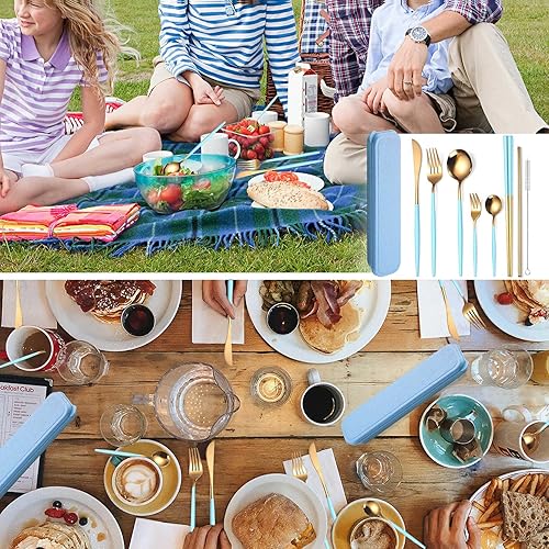 Miniatura 145 de AARainbow Juego de cubiertos de acero inoxidable de 8 piezas, portátil, reutilizable, juego de utensilios de viaje, incluye palillos, cuchillo