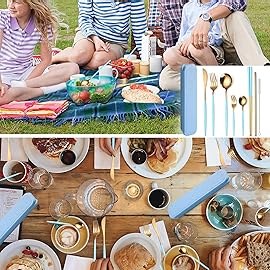 AARainbow 8 Pieces Stainless Steel Flatware Set Portable Reusable Cutlery Set Travel Utensils Set Including Chopsticks Knife Fork Spoon Straws Cleaning Brush Dishwasher Safe (Light blue Golden)