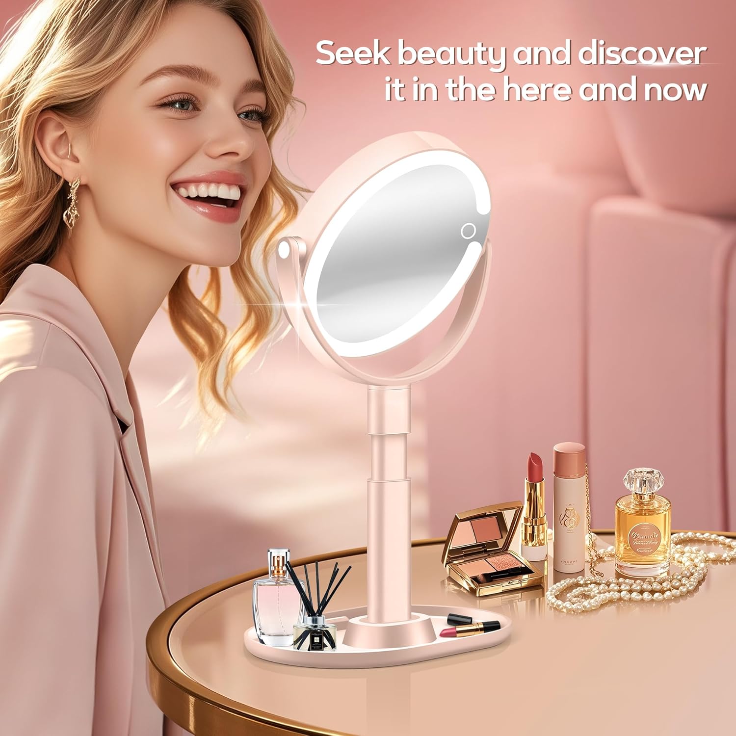 B Beauty Planet Makeup Mirror with Lights, Lighted Magnifying Mirror 30X with 3 Lighting and Adjustable Brightness, 2-Sided Height Adjustable Vanity Mirror for Bathroom, Gifts for Women Pink