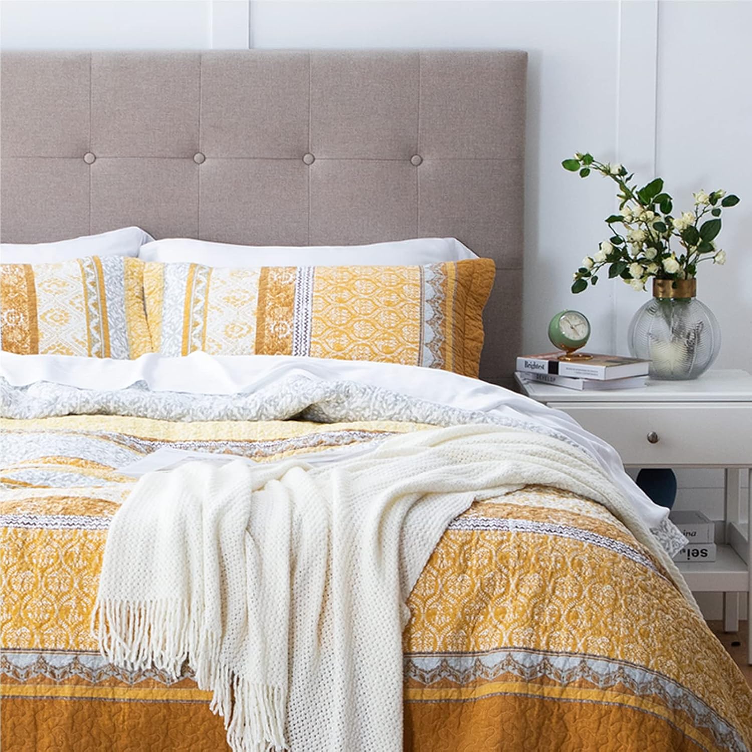 Bedsure King Size Cotton Quilt - Soft & Breathable All Season Coverlets King Size, 3 Pieces Bedspread & Coverlet Sets (King, 106x96 inches, Lemon Yellow)