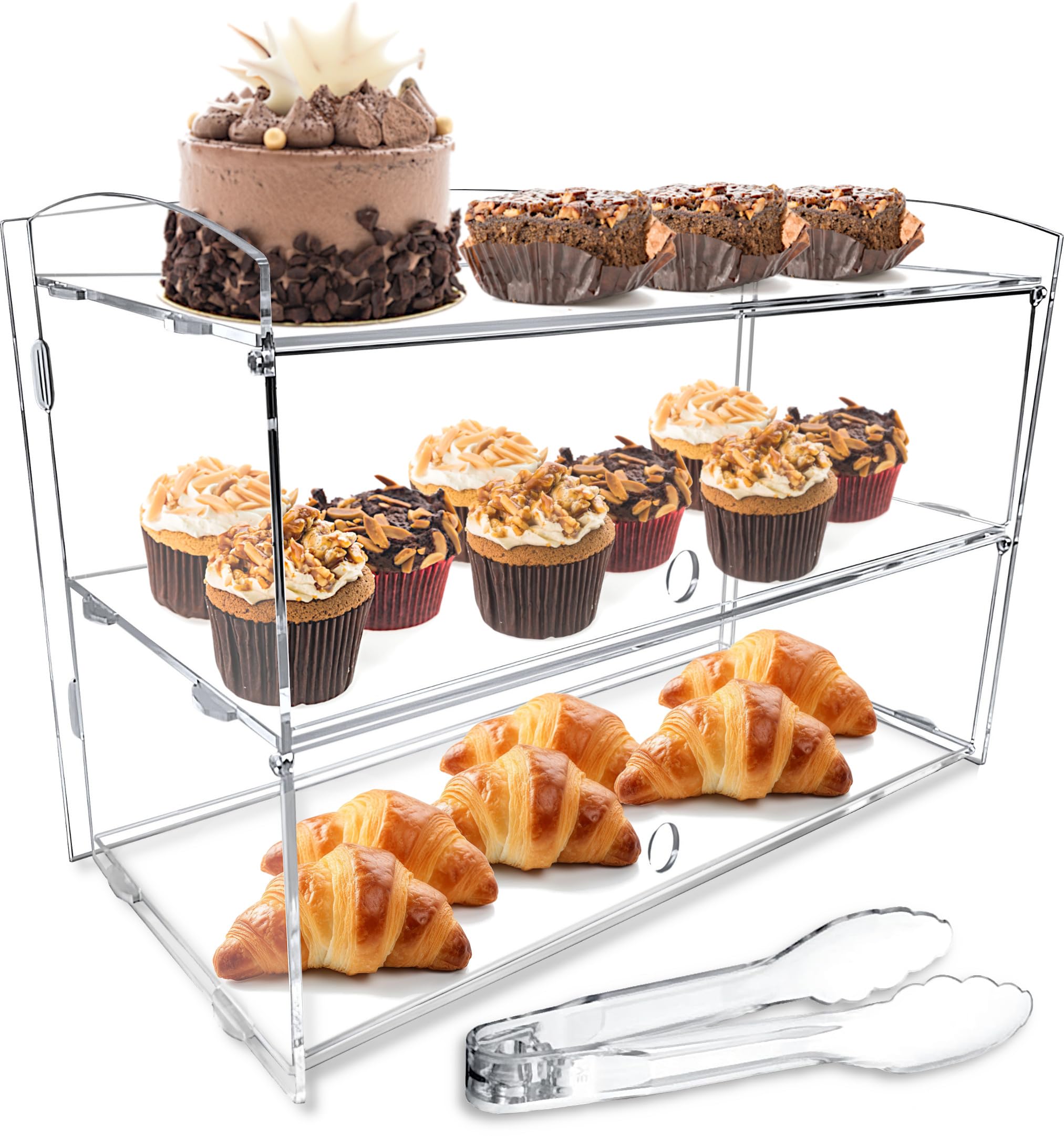 Vitrina para encimera de panadería y pastelería con pinza para servir, caja de exhibición de acrílico transparente de 2 niveles para donas, pan, cupcakes, frutas, perfecto para fiestas en casa, bares,