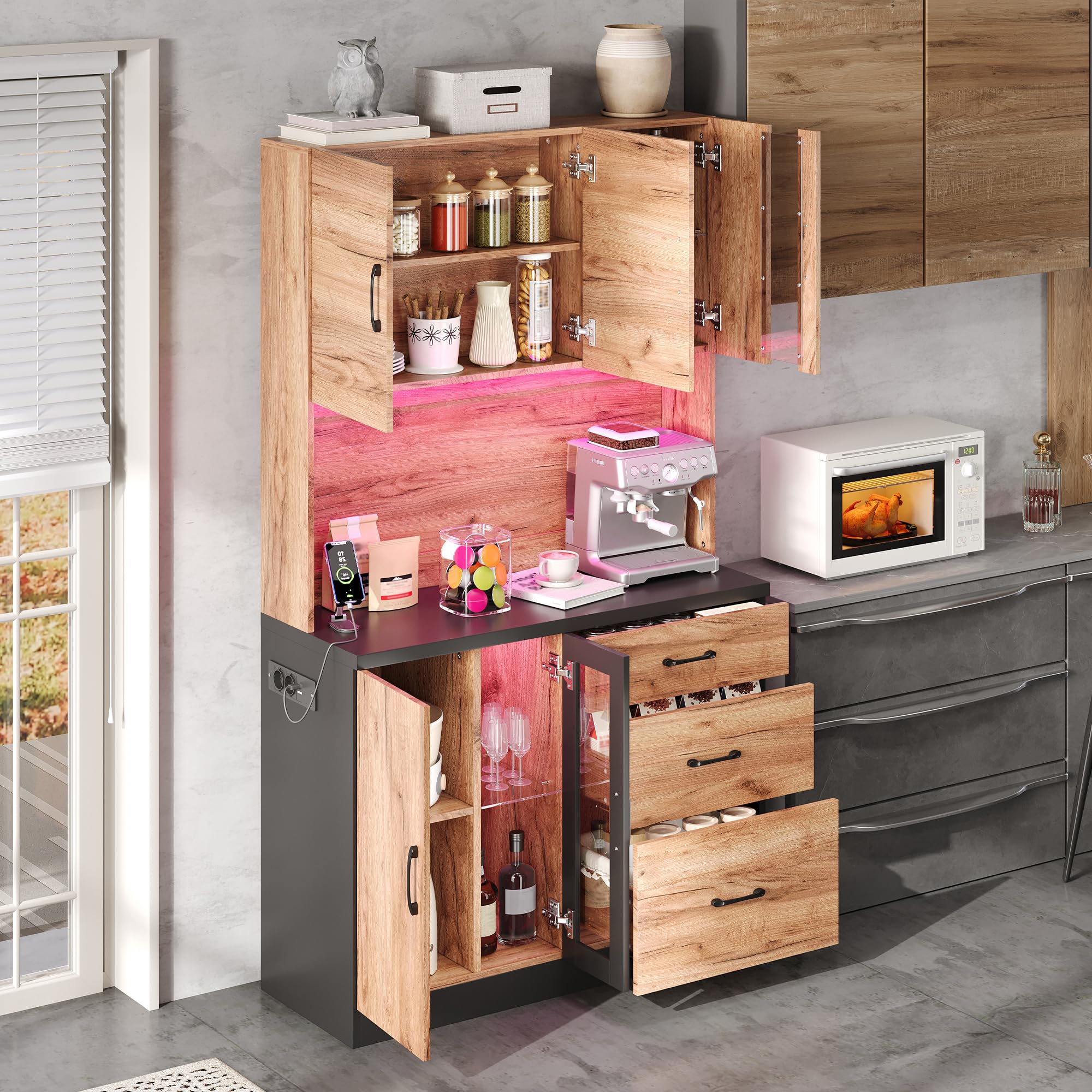 SUKY Mobile alto da cucina, moderno, 105 x 40 x 180 cm, nero e effetto legno, ripiani regolabili, adatto per cucina, sala da pranzo, soggiorno, neutro
