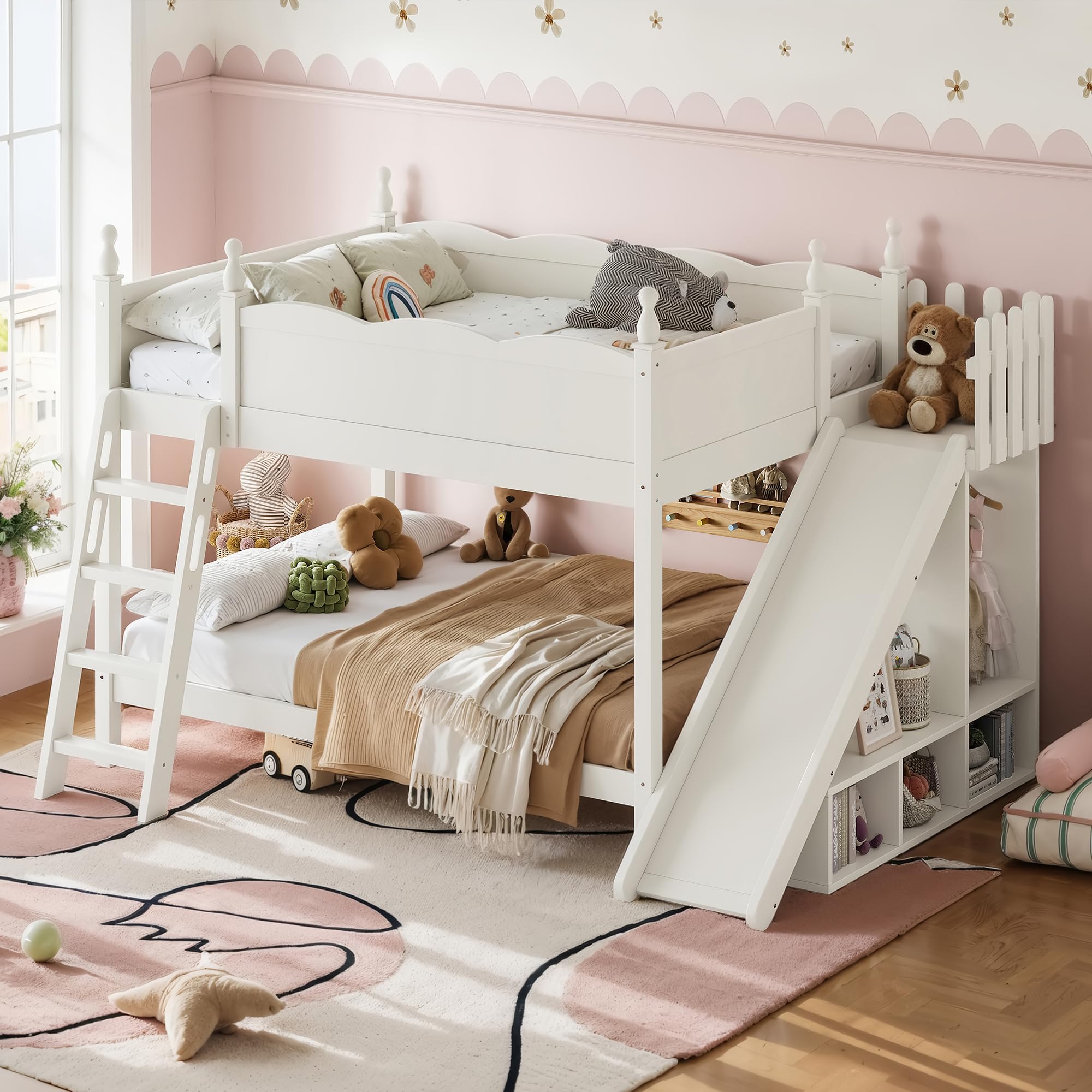 Bellemave Bunk beds Full Over Full with Slide and Stair, Low bunk/loft Bed for Kids，Beige